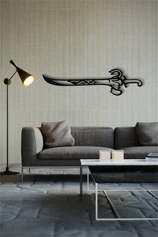 Siyah Ahşap İşlemeli Kılıç Duvar Dekoru - Salon Oturma Yatak Odası Ofis  Antre için 50x20 cm Tablo