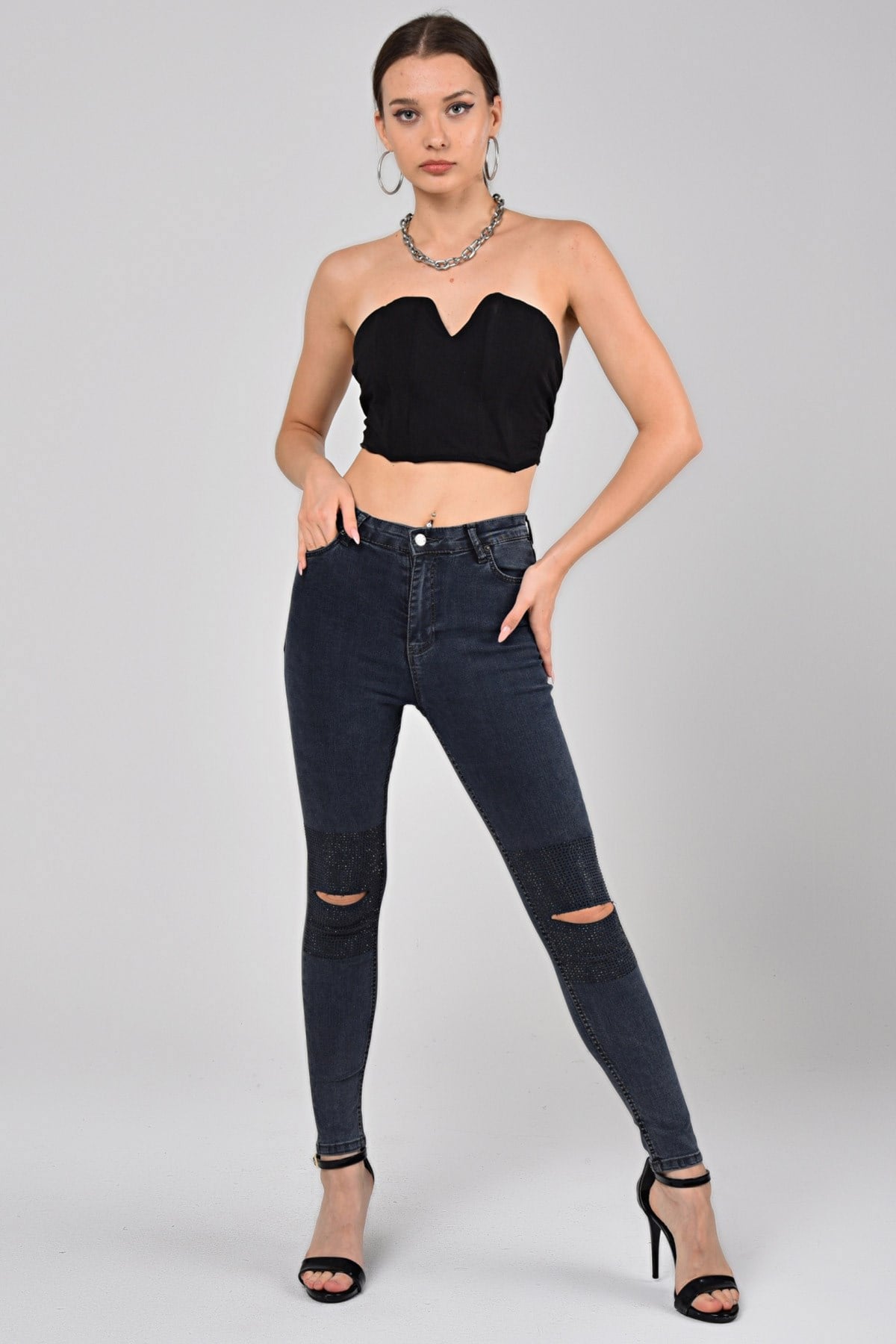 The Bark Dizleri Taş Detay Kadın Skinny Jean Pantolon 1031-993 Koyu Mavi