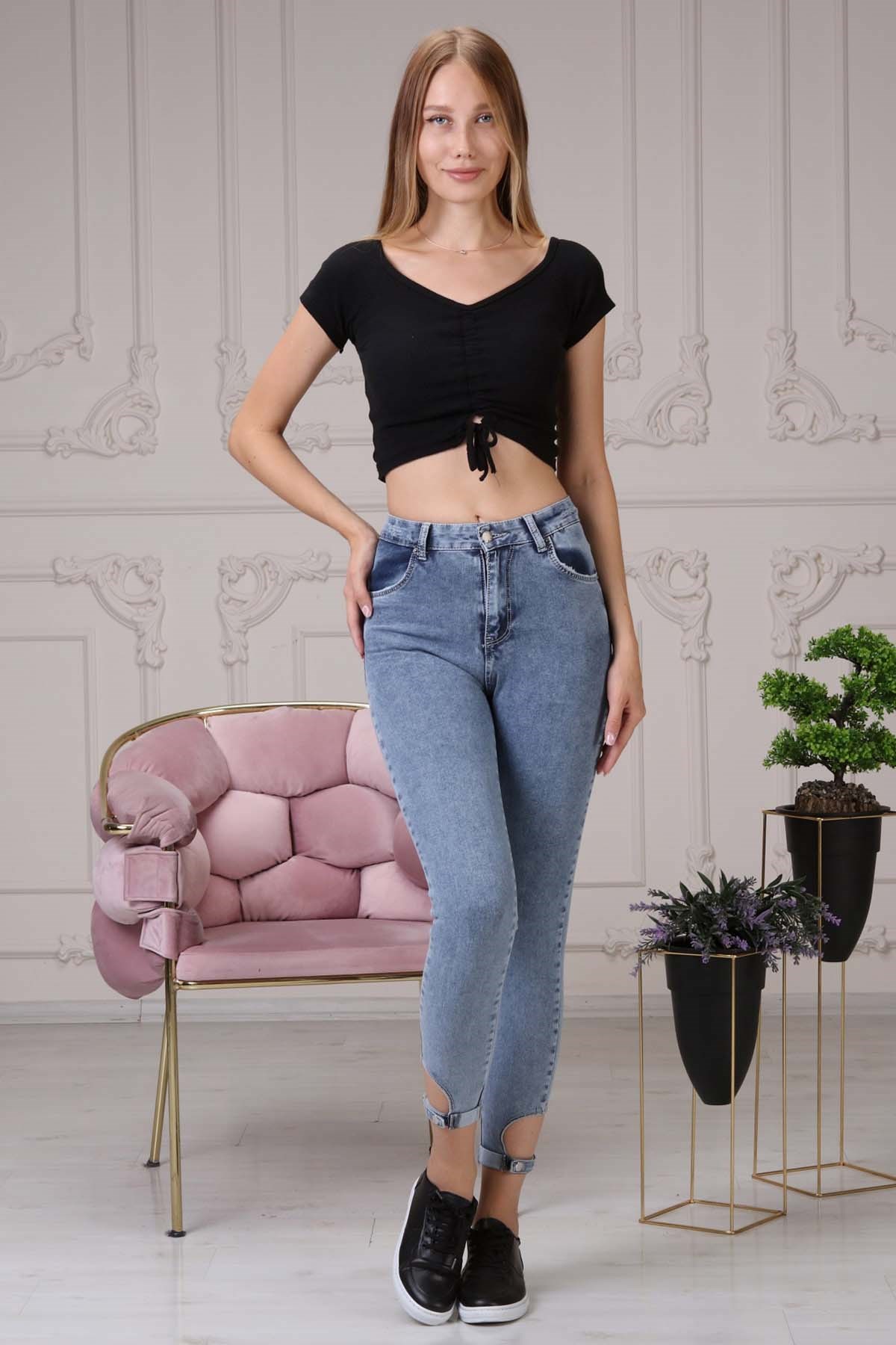 The Bark Skinny Jean Paçası Tokalı Kadın Pantolon 4224-939 Açık Mavi
