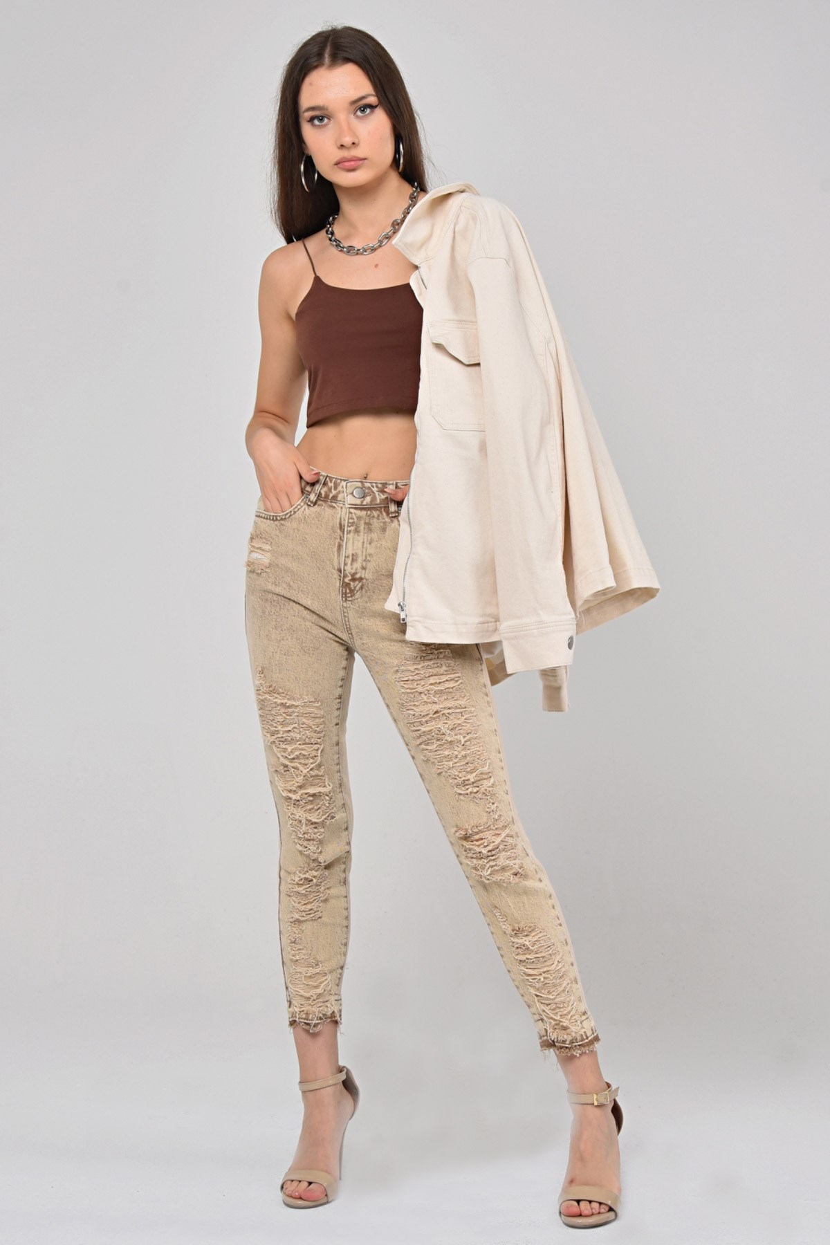 The Bark Lazer Kesim Boy Fit Kadın Jean Pantolon 1037-864 Açık Kahve