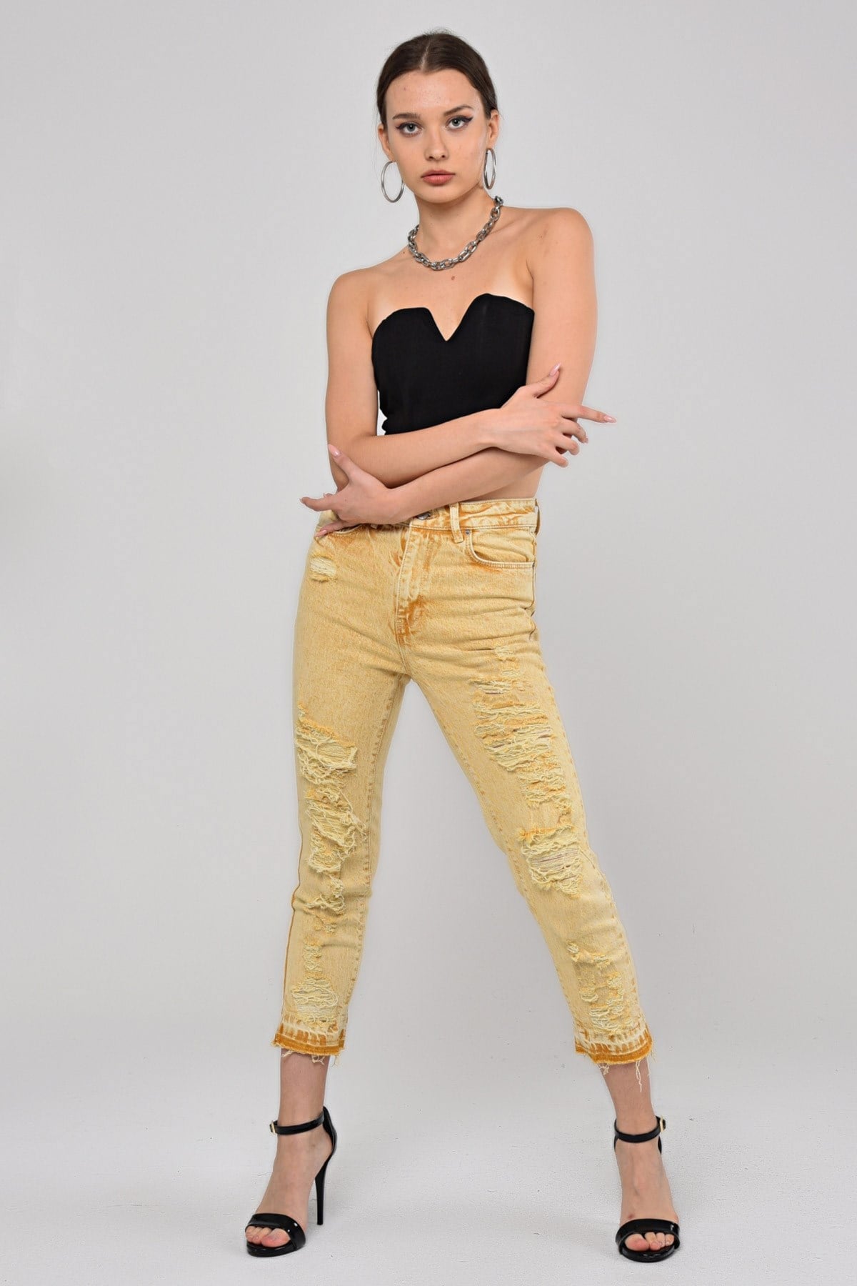 The Bark Lazer Kesim Boy Fit Kadın Jean Pantolon 1037-864 Sarı