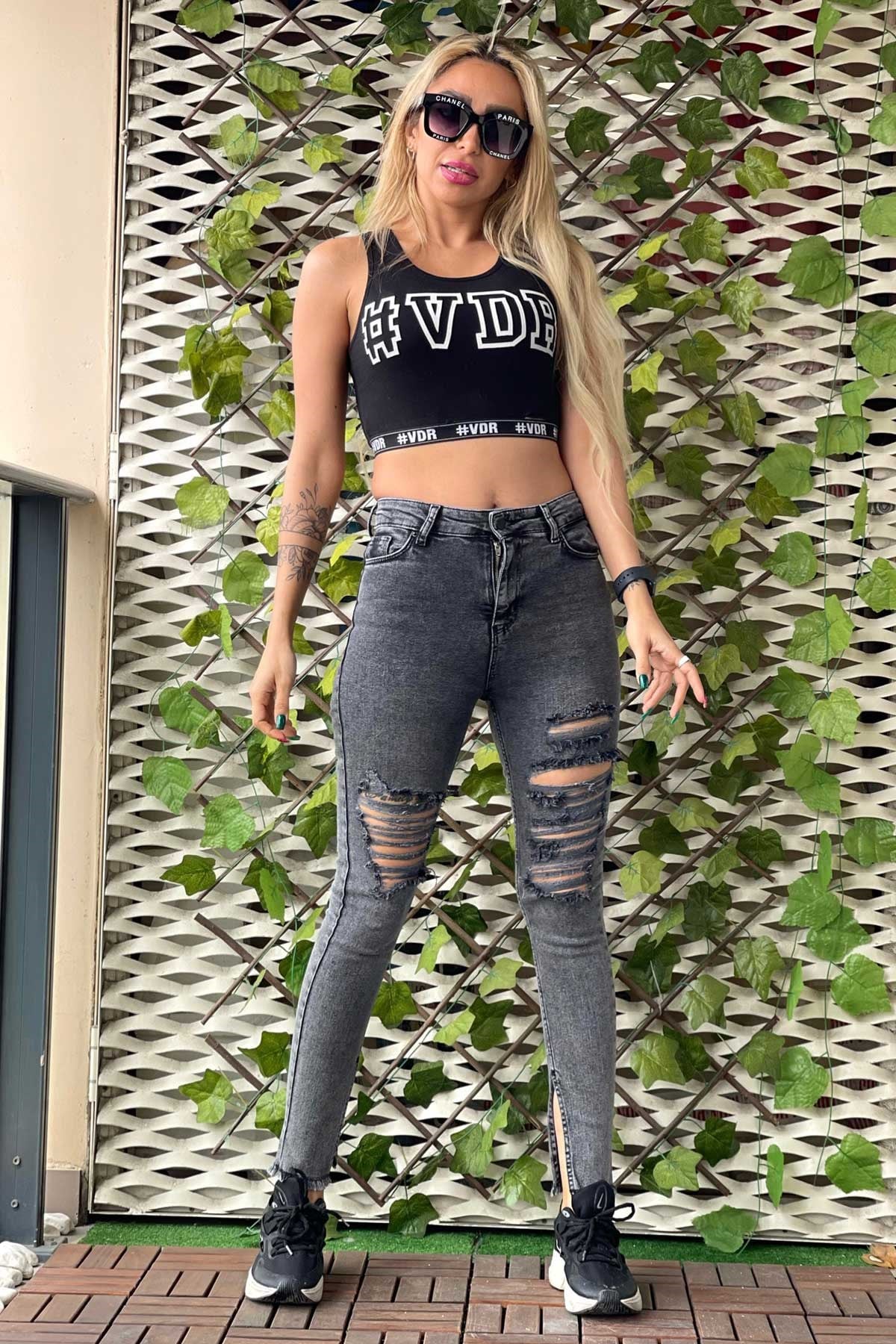 The Bark Lazer Kesim Paça Yırtmaçlı Skinny Kadın Jean Pantolon 1031-141 Siyah