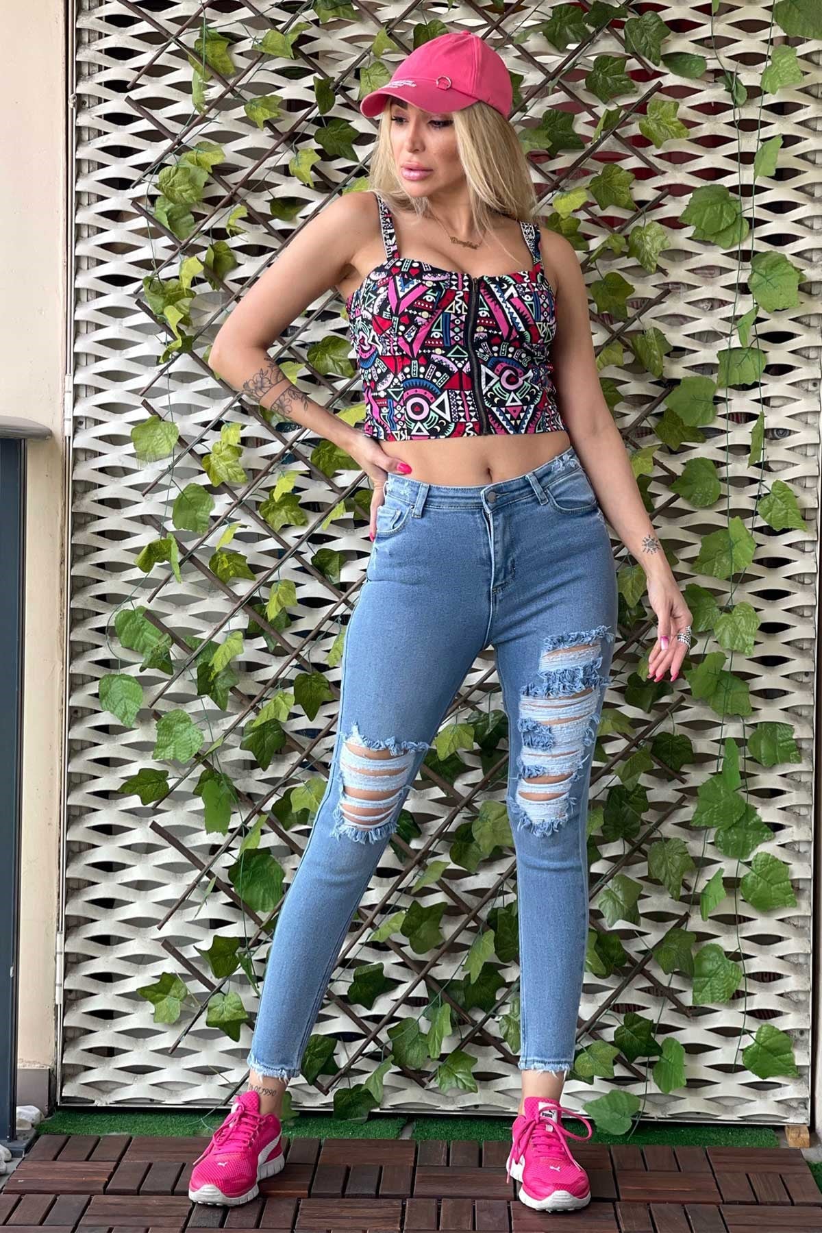 The Bark Lazer Kesim Skinny Kadın Jean Pantolon 1031-126 Mavi