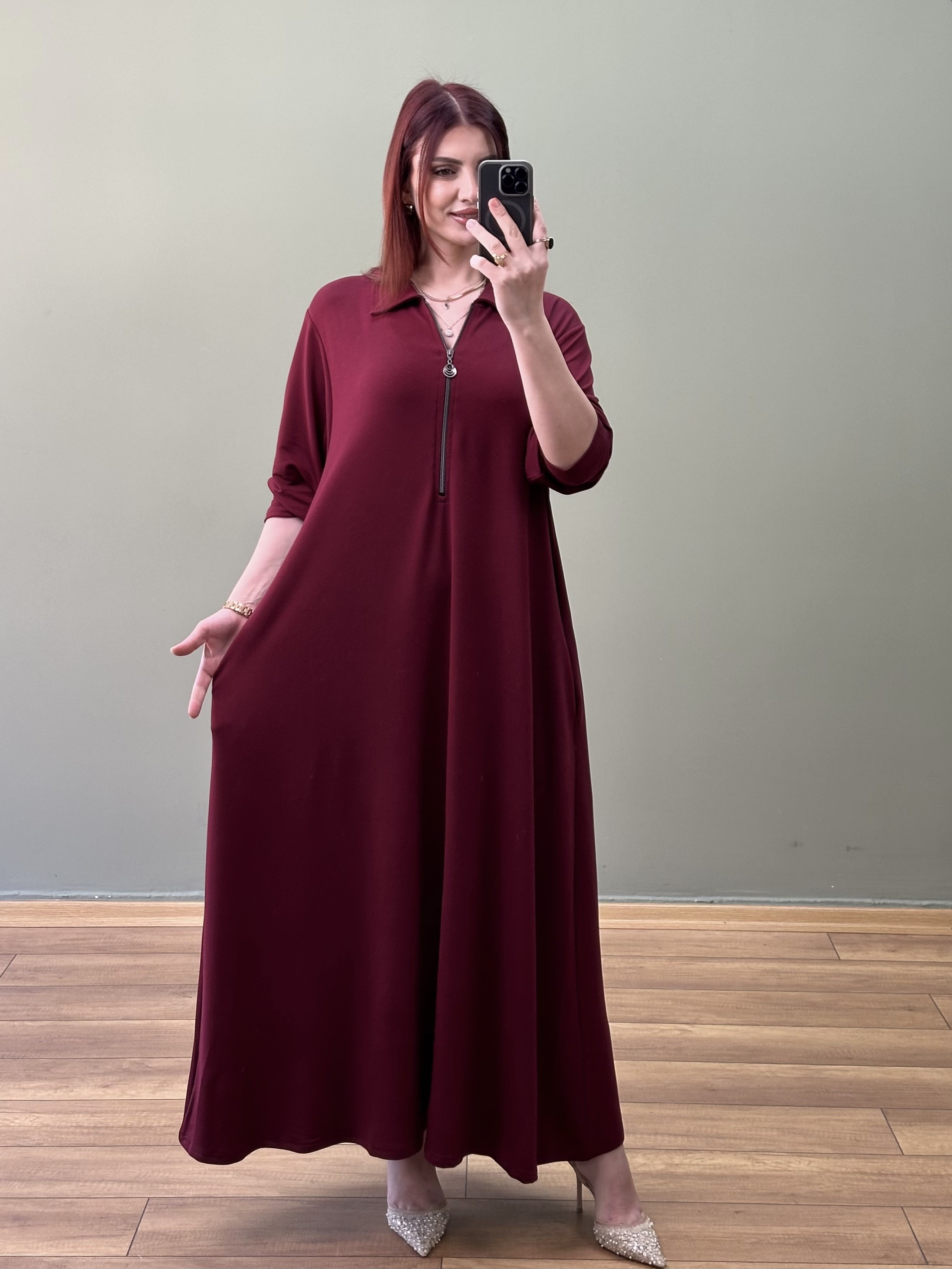 A KESİM YAKA FERMUARLI İKİ İPLİK PAMUKLU ELBİSE BORDO 