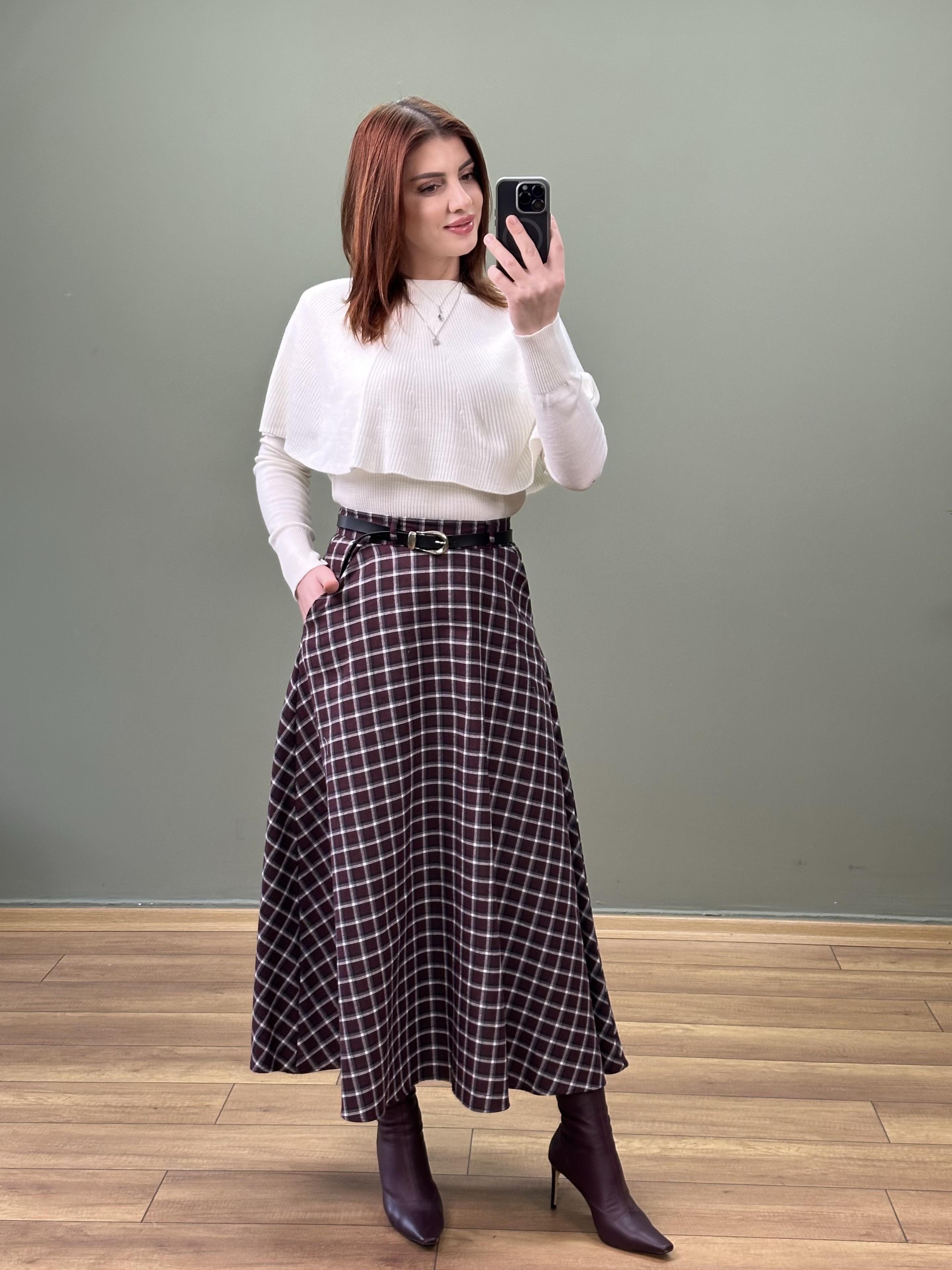 EKOSE DESEN KEMERLİ ETEK BORDO TEMA