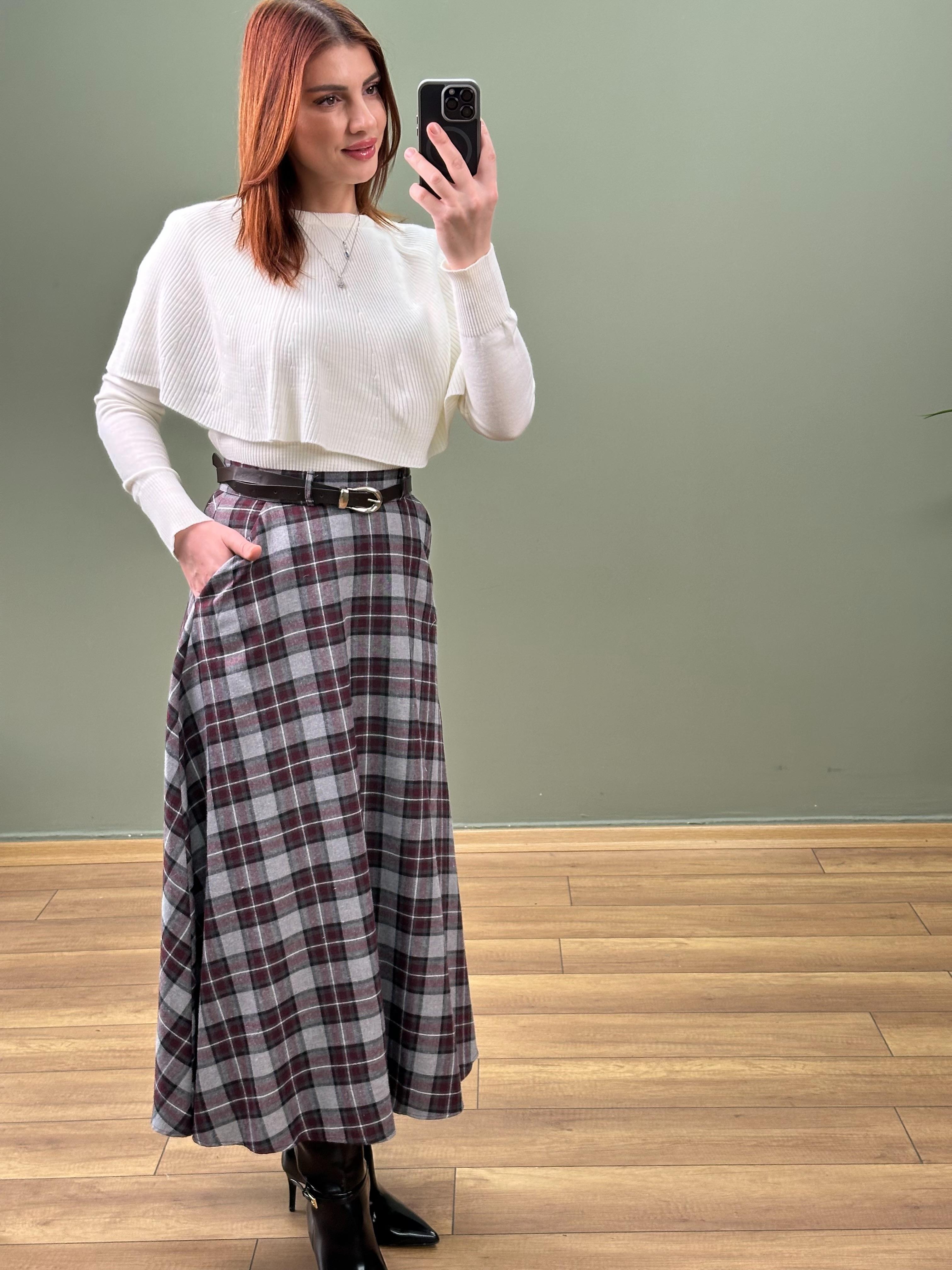 EKOSE DESEN KEMERLİ ETEK GRİ TEMA