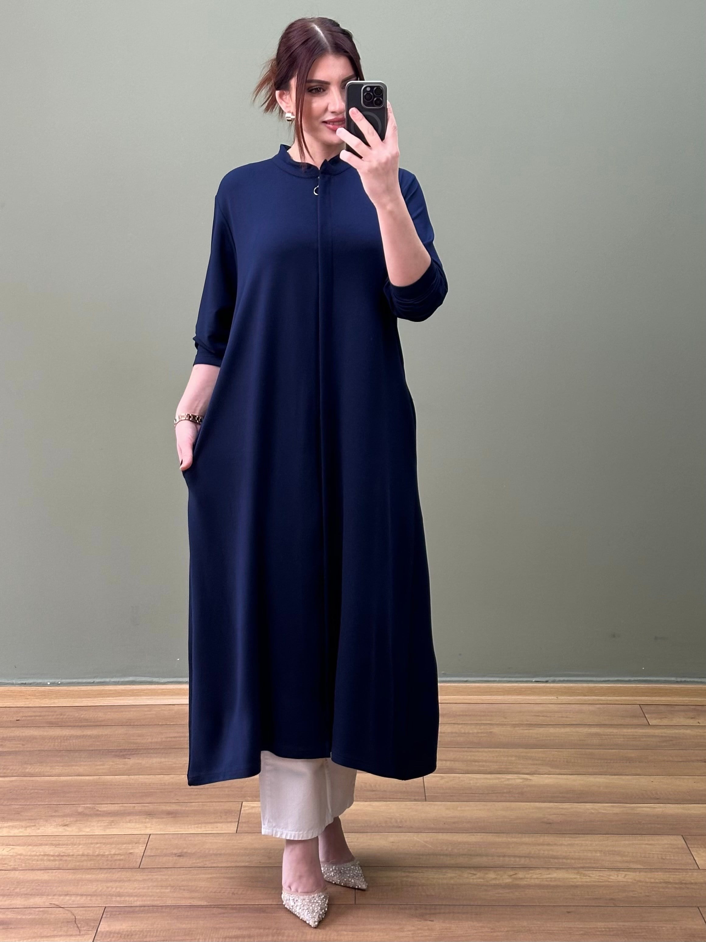 Hakim Yaka Boydan Gizli Fermuarlı %100 Pamuk Lacivert Kap