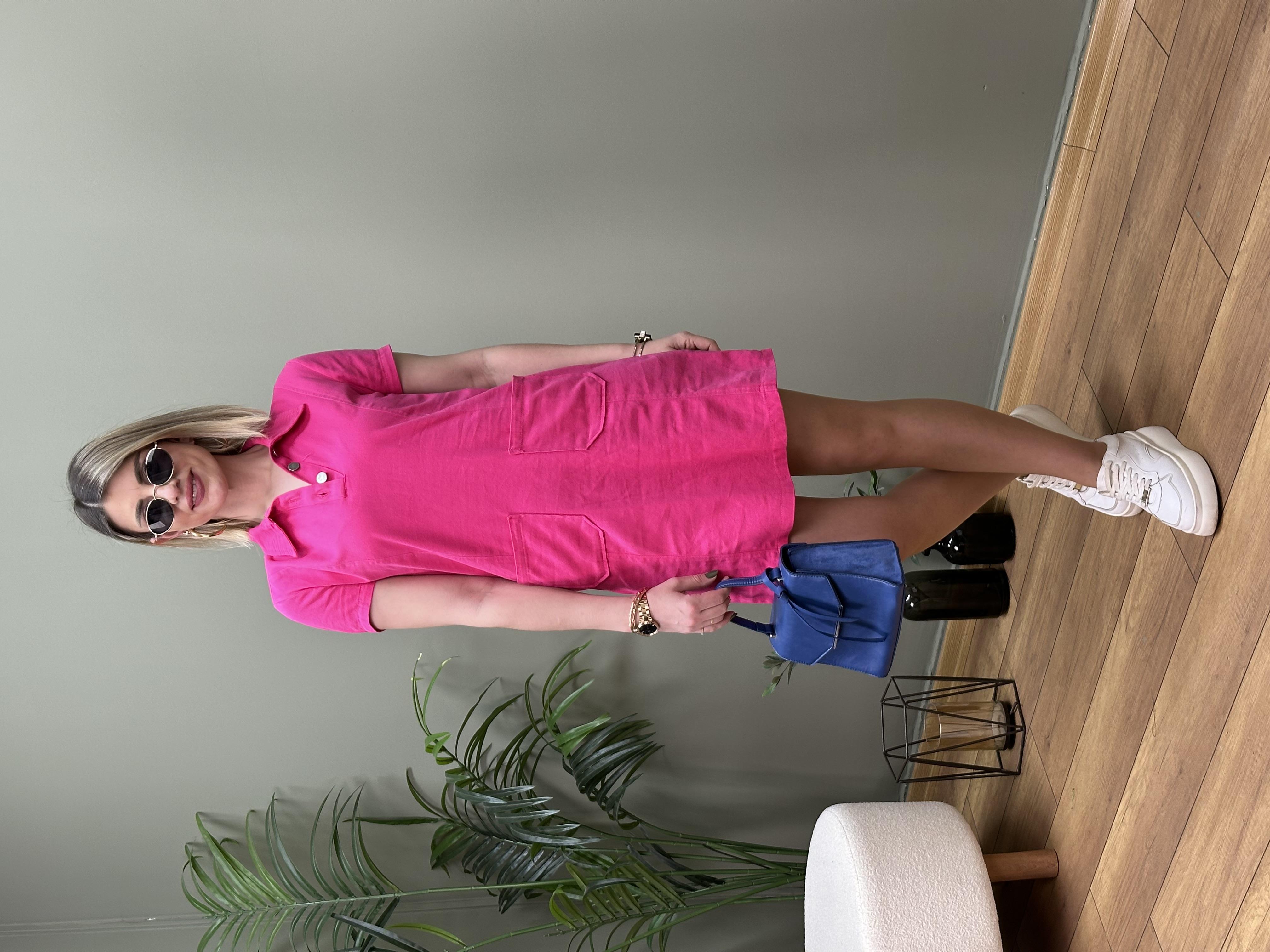 POLO YAKA GABARDİN ELBİSE PEMBE