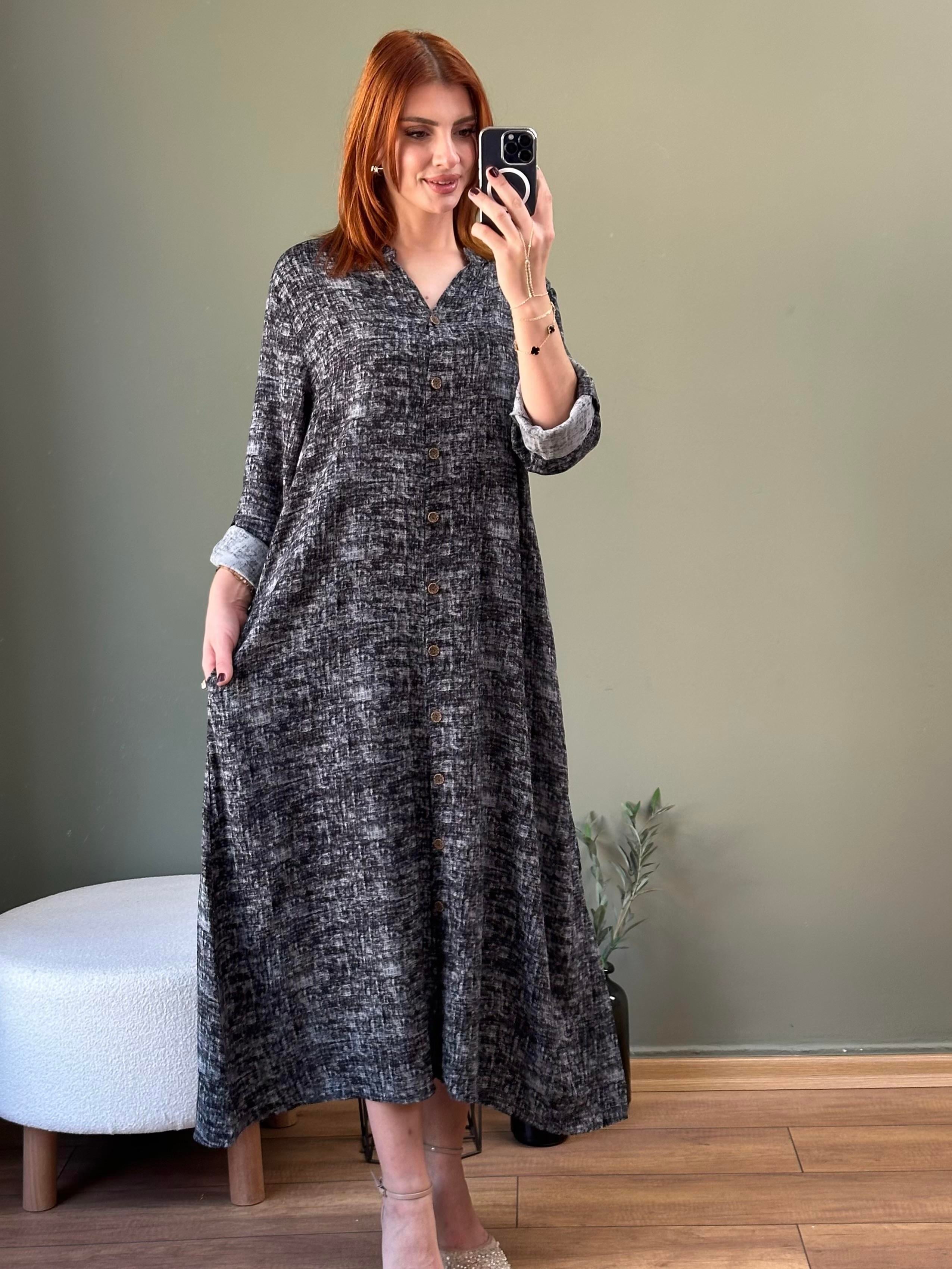  İTALYAN VİSKON BOYDAN DÜĞMELİ ELBİSE ANTRASIT 