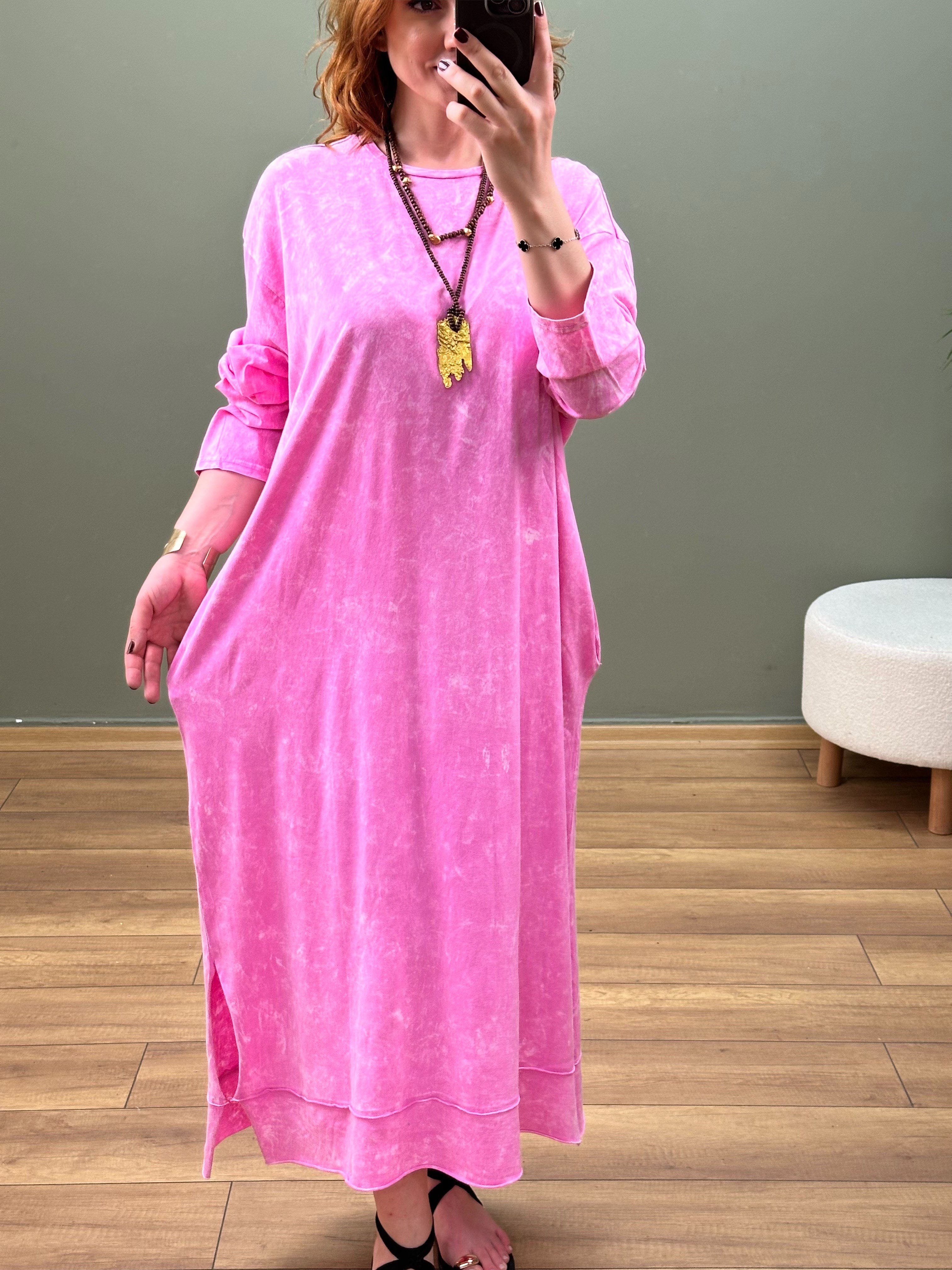 %100 PAMUK BATİK YIKAMA SWEAT ELBİSE PEMBE 