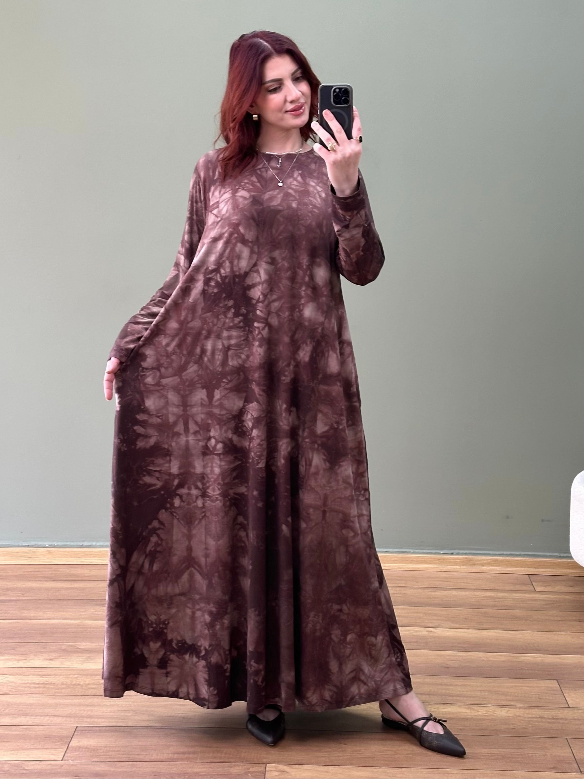 A KESİM PAMUK PENYE ELBİSE KAHVE BATIK DESEN