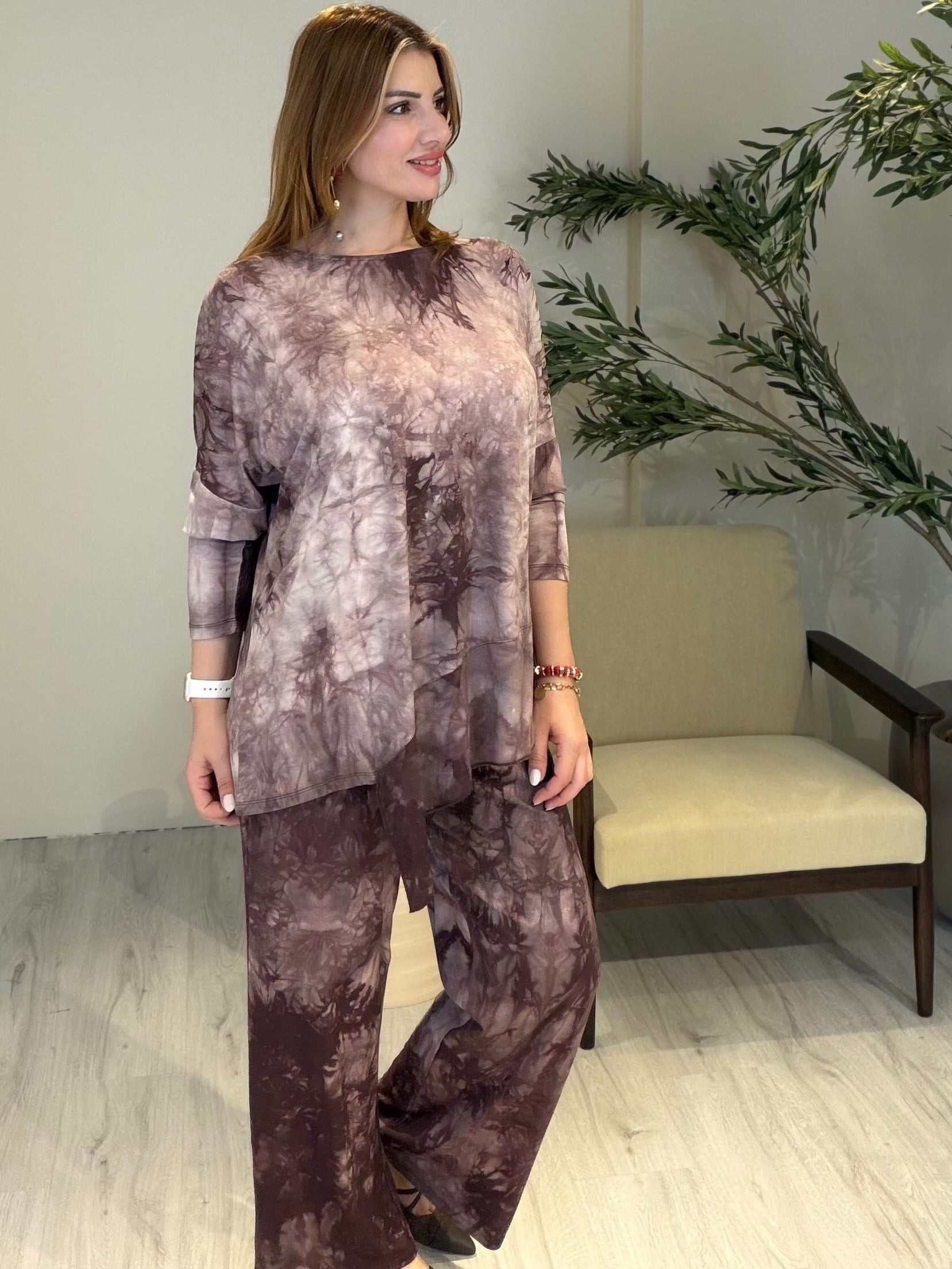 Asimetrik Tunikli Batik Takım Kahve