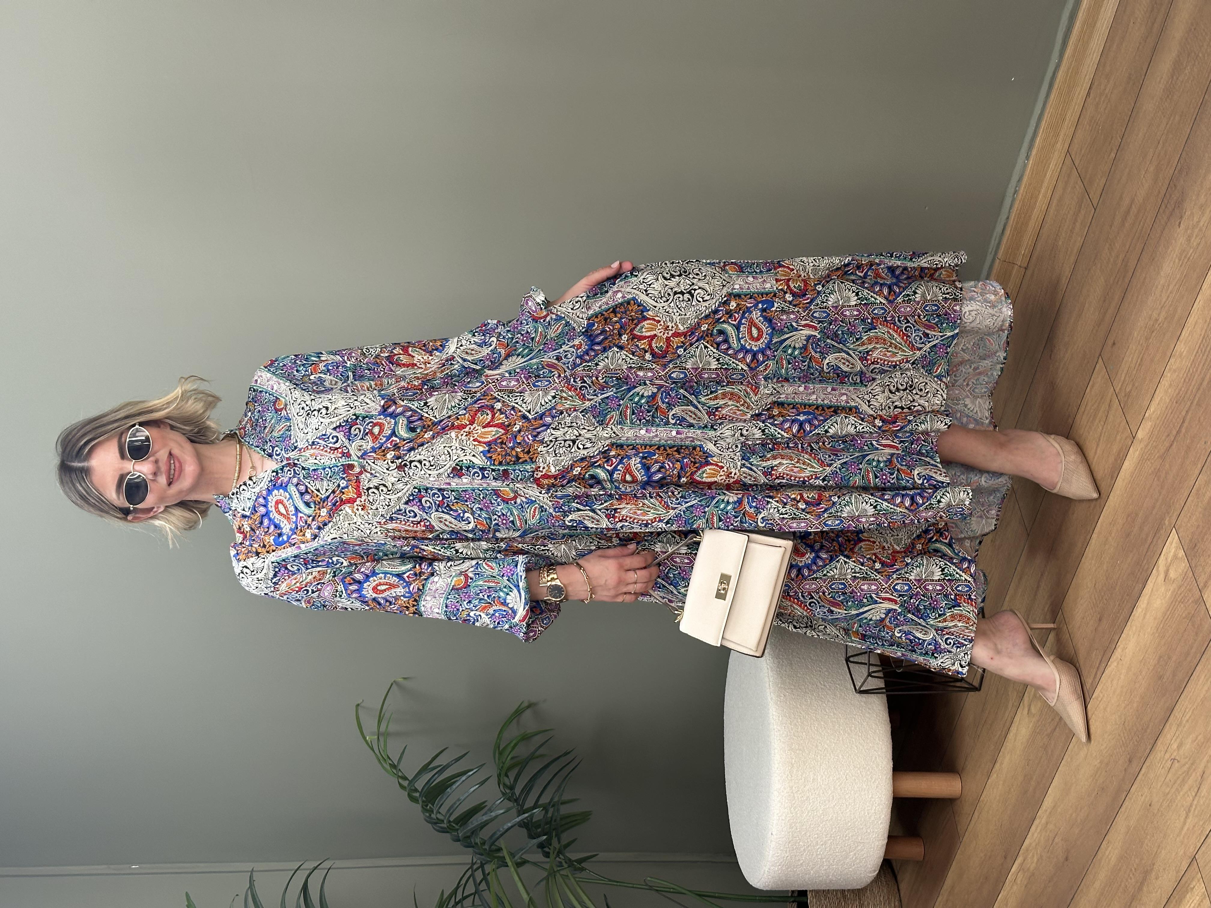 BALON KOL ŞAL DESEN VİSKON ELBİSE MAVİ TEMA