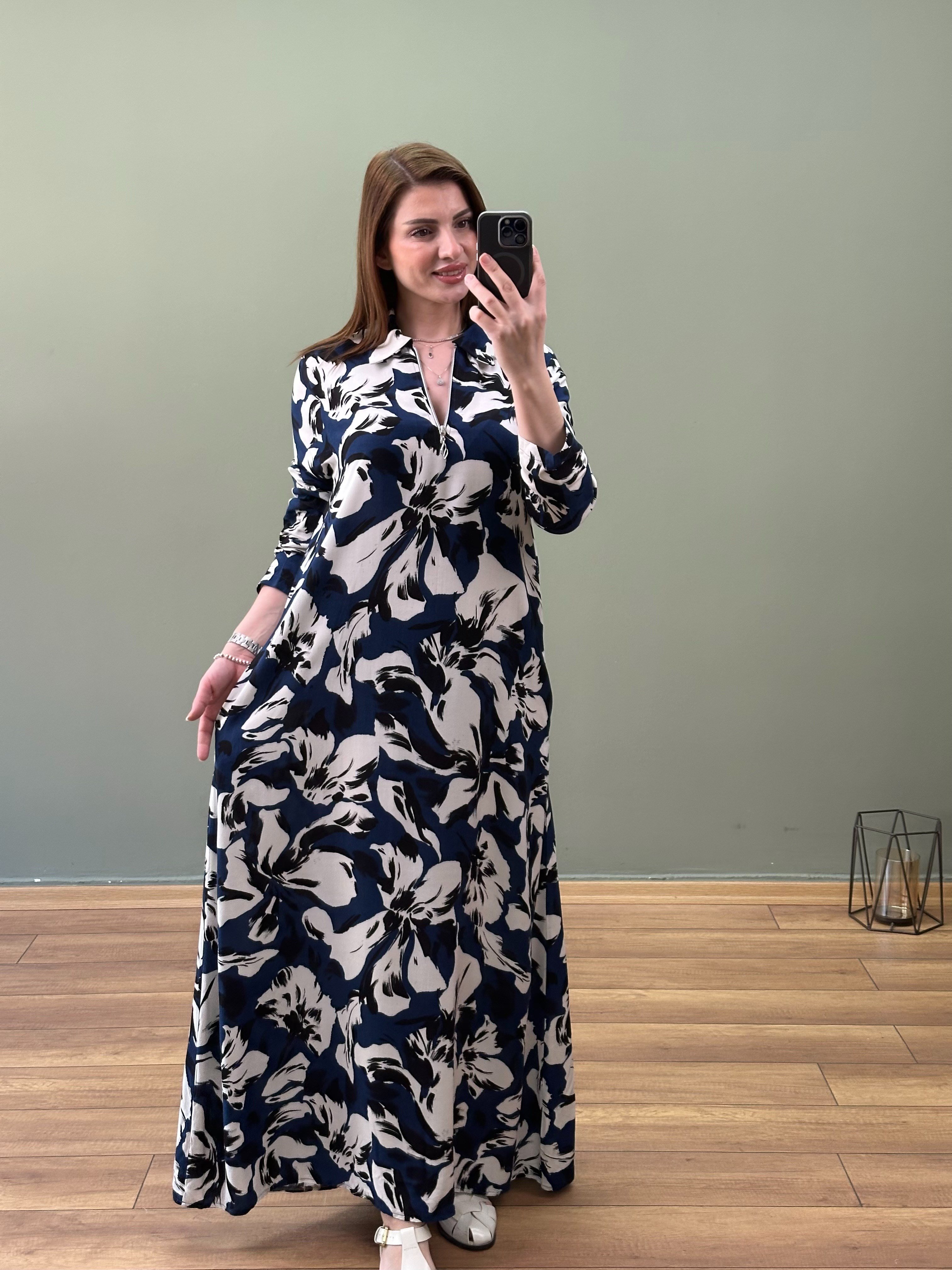 DOKUMA VİSKON YAKA FERMUARLI ELBİSE ÇİÇEK TEMA LACİVERT