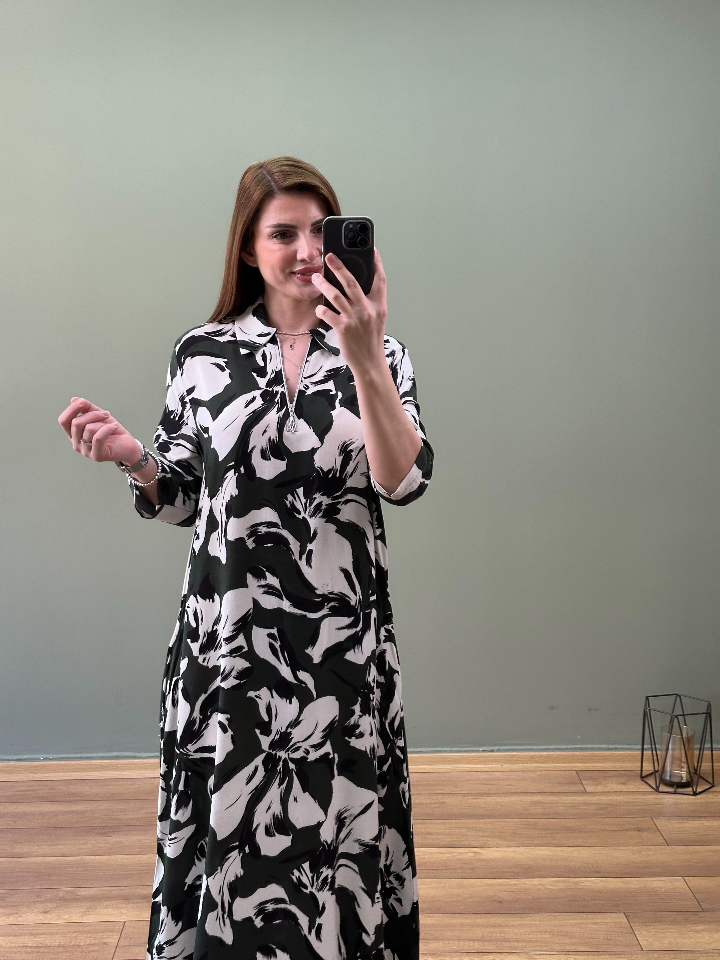 DOKUMA VİSKON YAKA FERMUARLI ELBİSE ÇİÇEK TEMA HAKİ