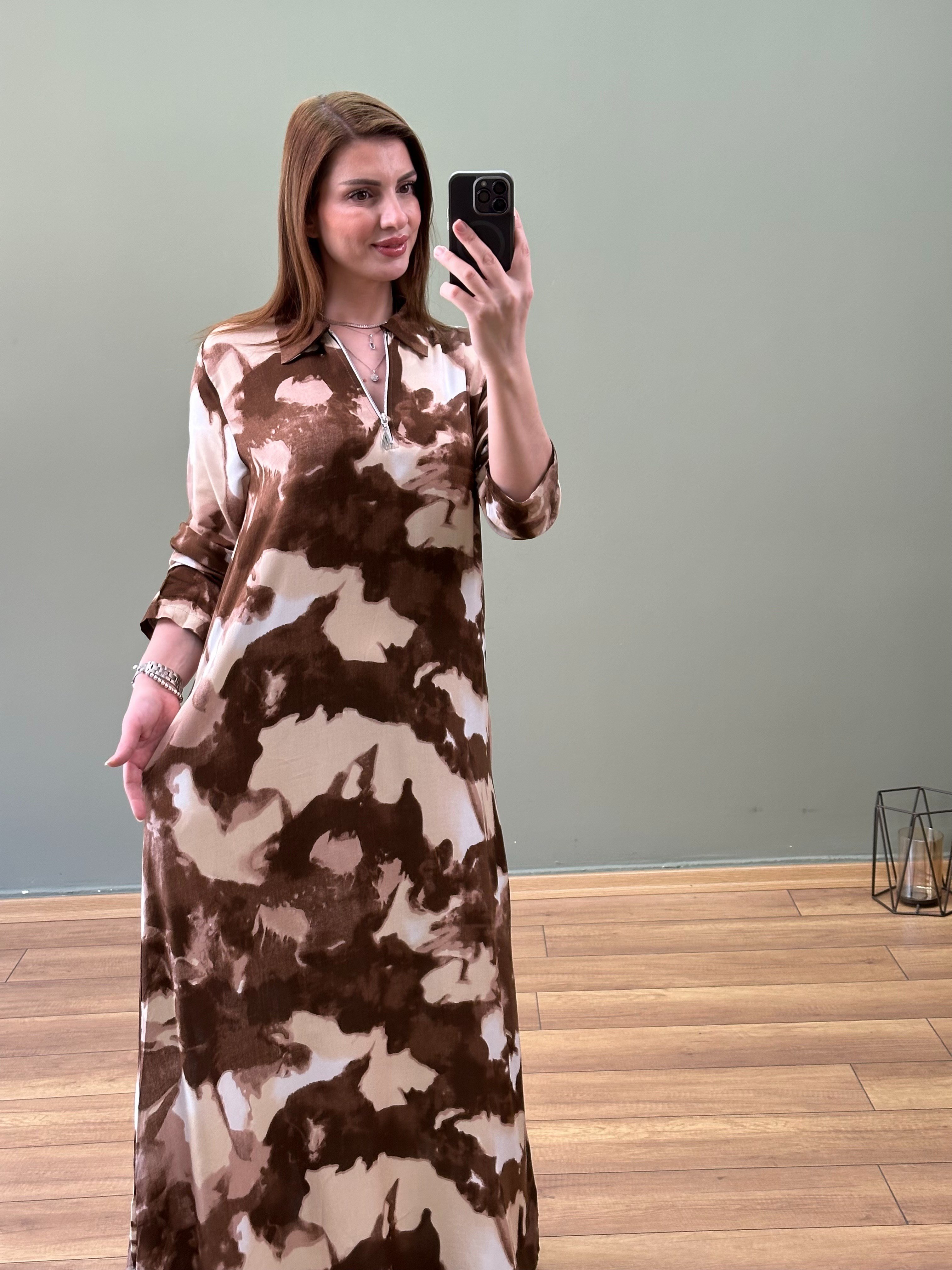 DOKUMA VİSKON YAKA FERMUARLI ELBİSE KAHVE TAŞ DESEN