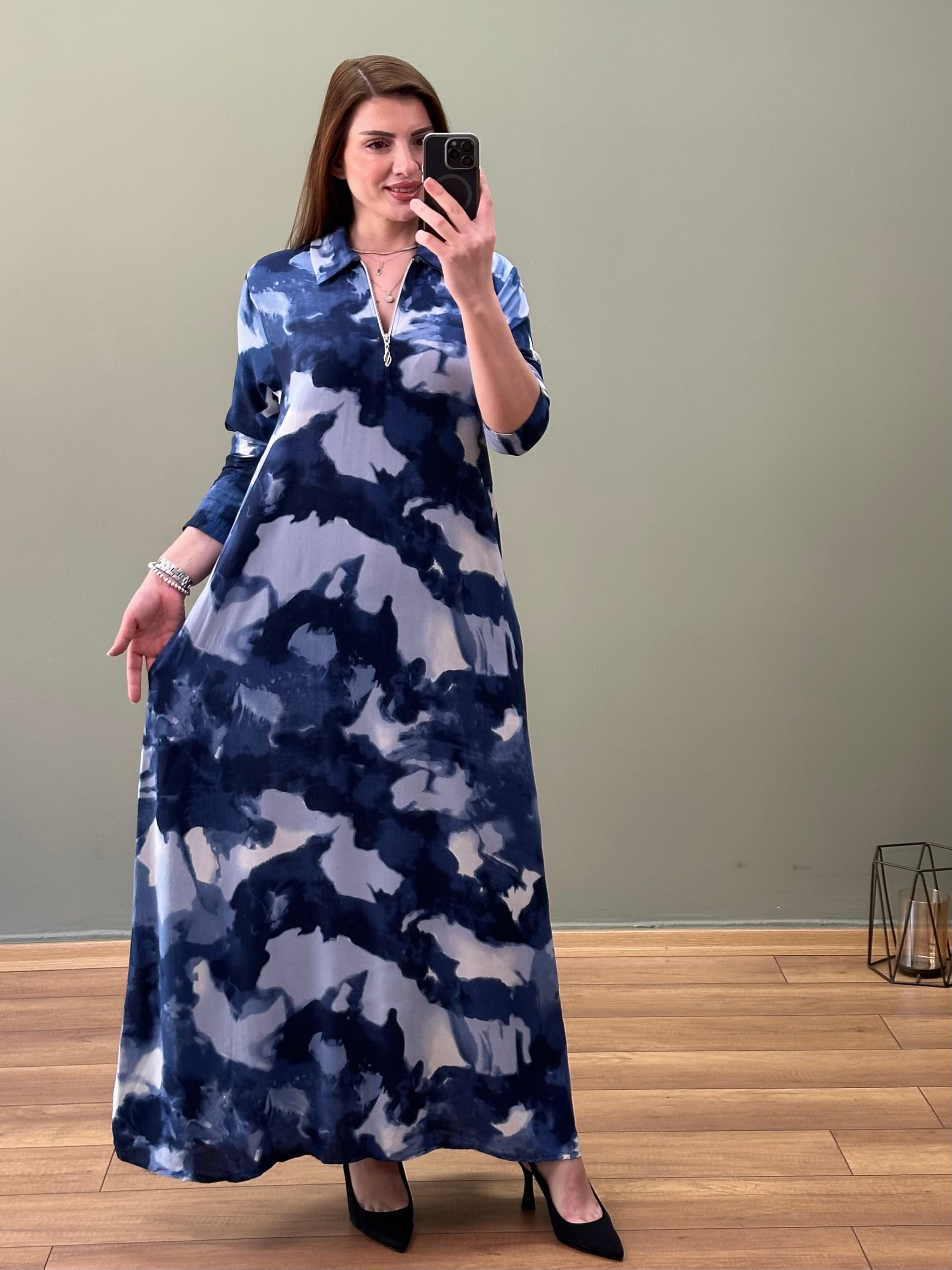 DOKUMA VİSKON YAKA FERMUARLI ELBİSE LACİVERT TAŞ DESEN