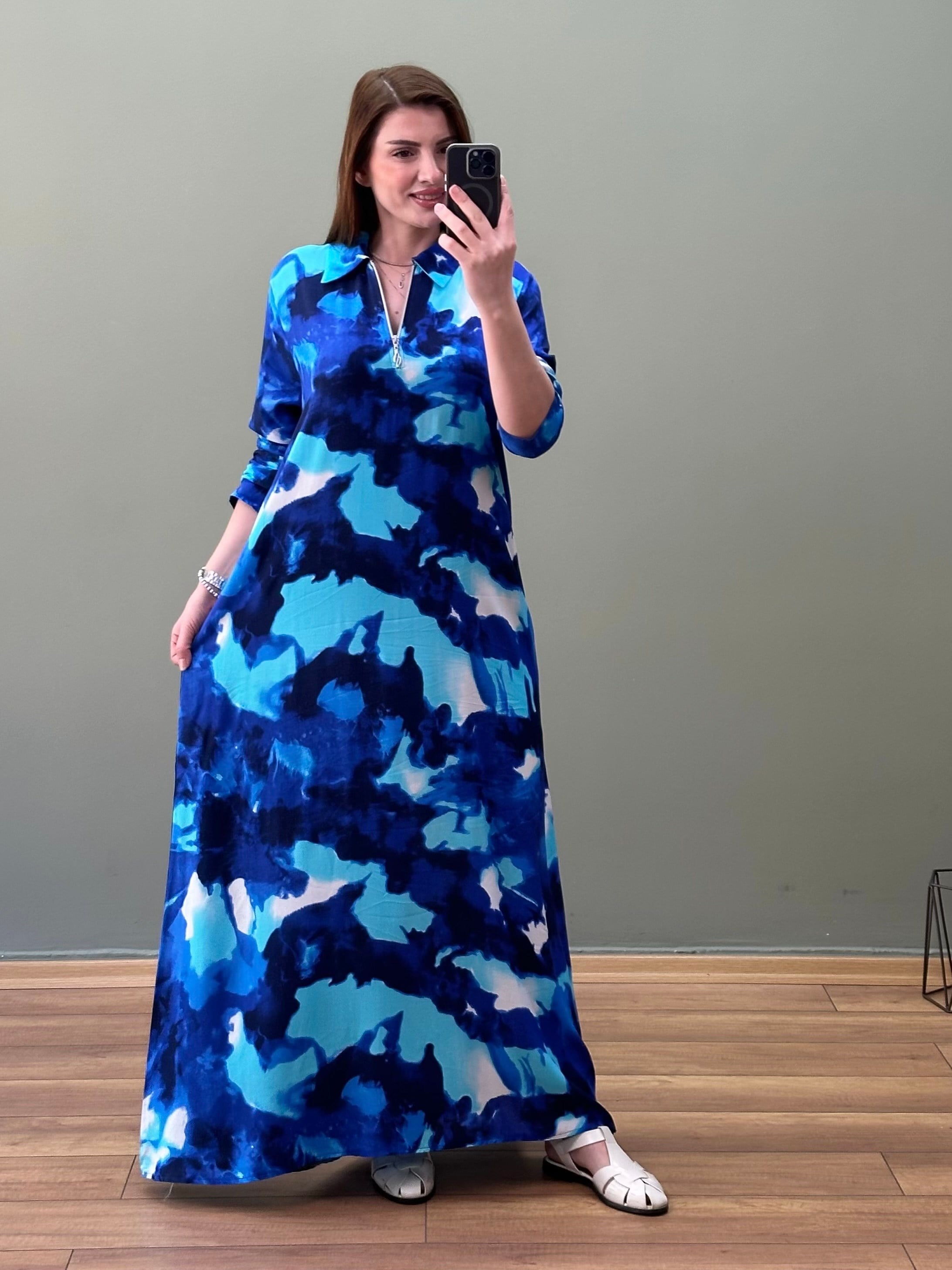 DOKUMA VİSKON YAKA FERMUARLI ELBİSE MAVİ TAŞ DESEN