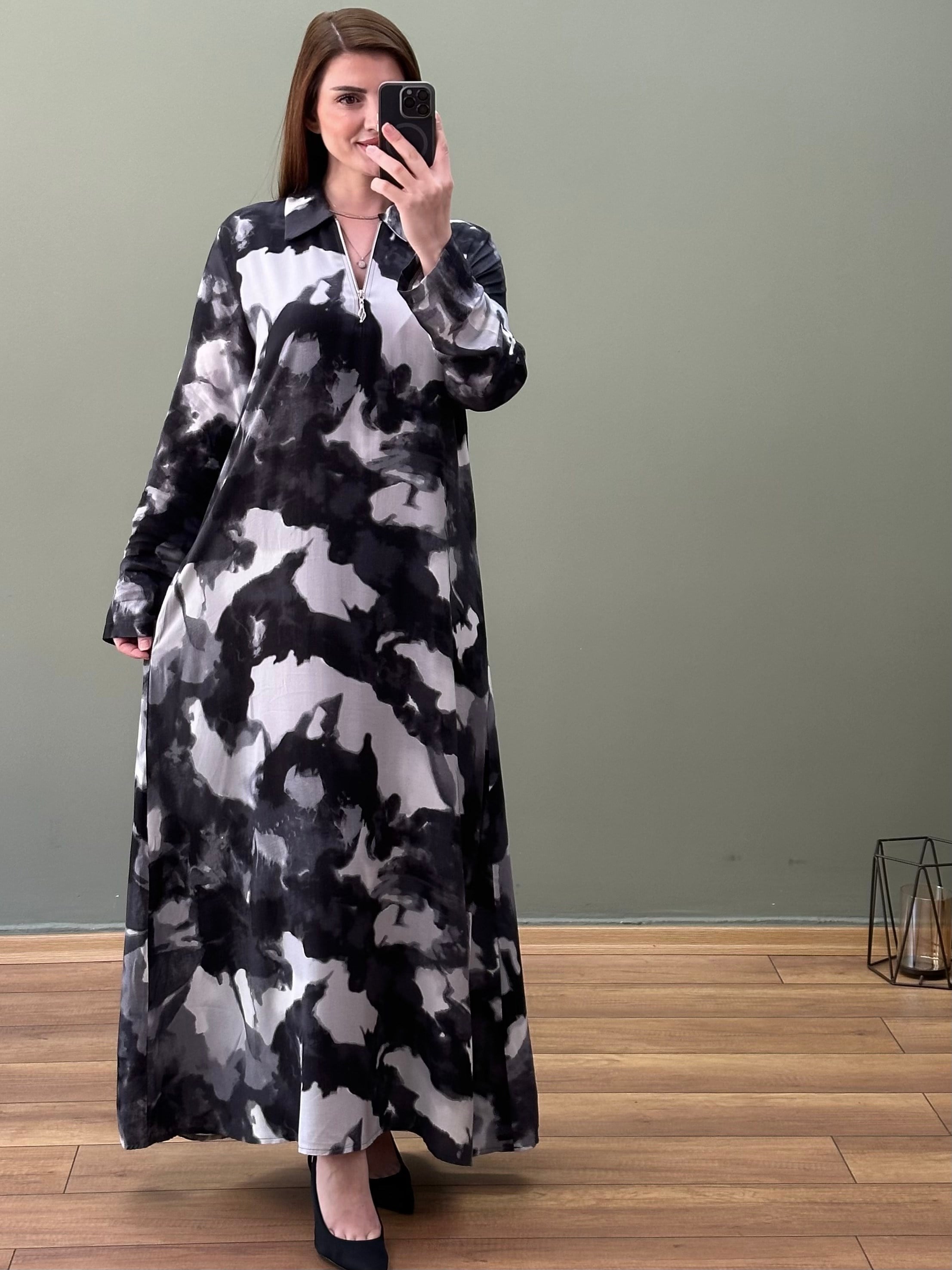 DOKUMA VİSKON YAKA FERMUARLI ELBİSE SİYAH TAŞ DESEN