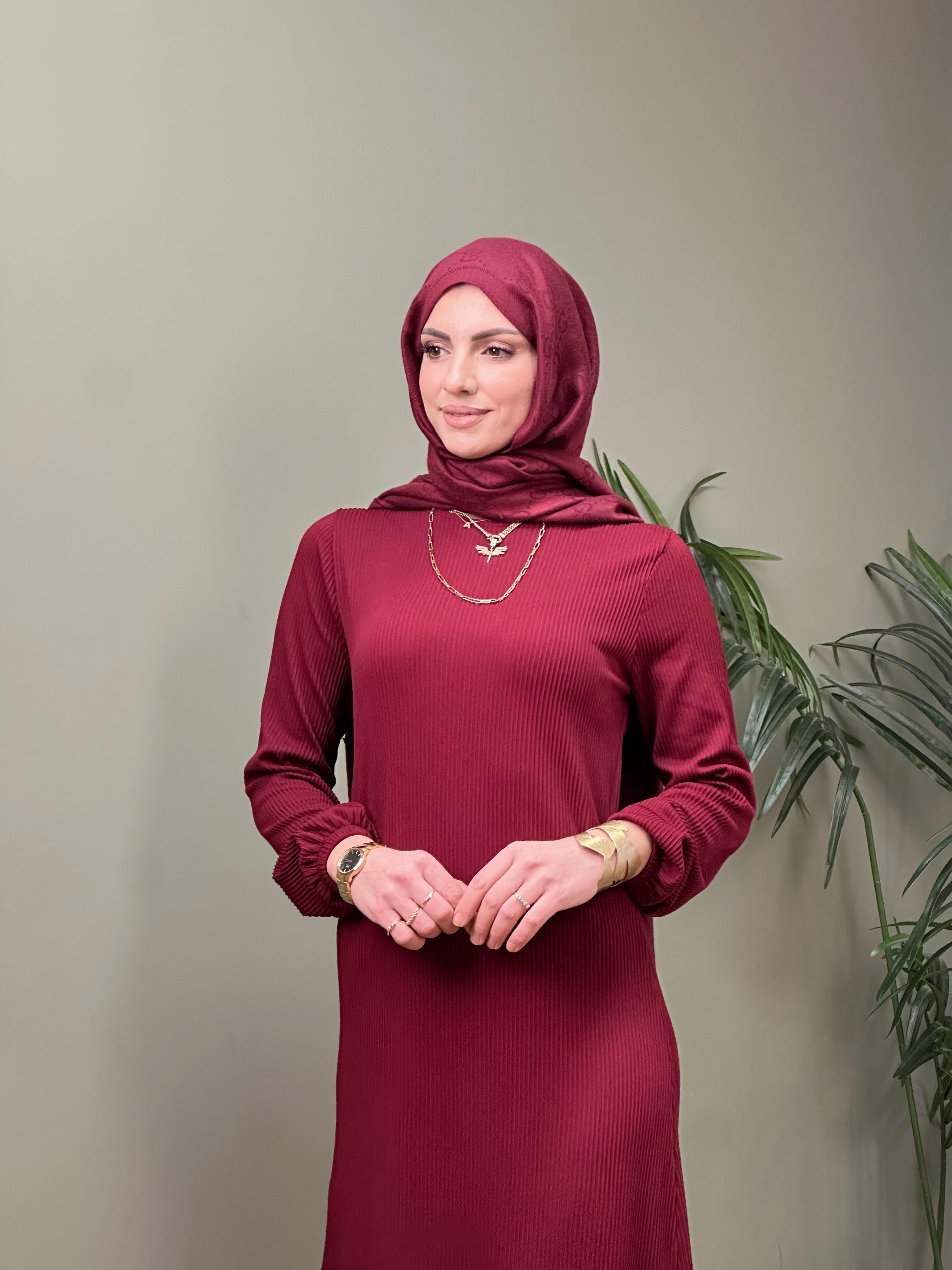 ETEK FIRFIRLI MAKSİ BOY FİTİLLİ ELBİSE BORDO 