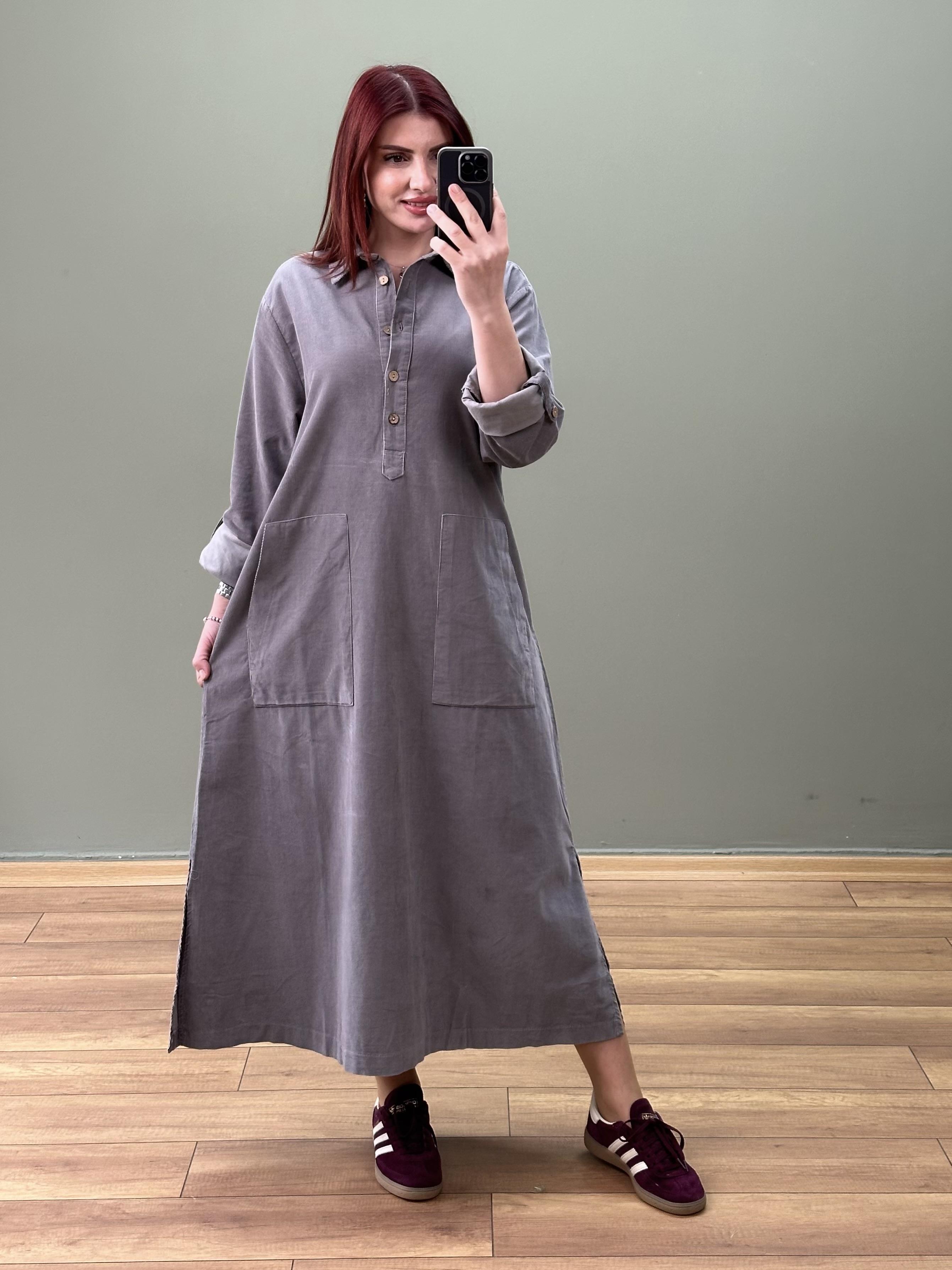 FİTİLLİ KADİFE ELBİSE GRİ