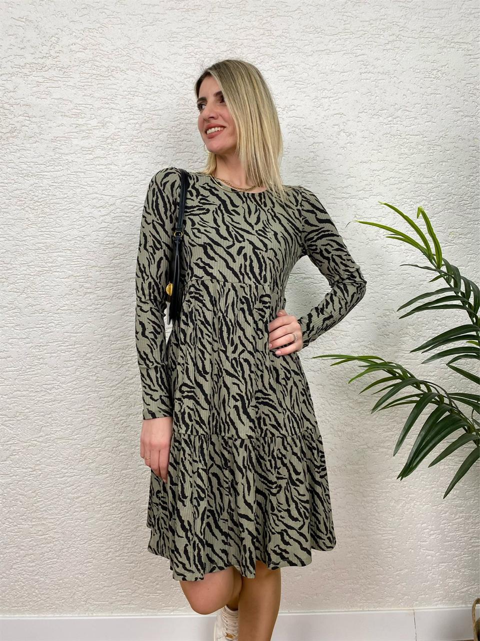HAKİ RENK ZEBRA DESEN KAŞKORSE ELBİSE 