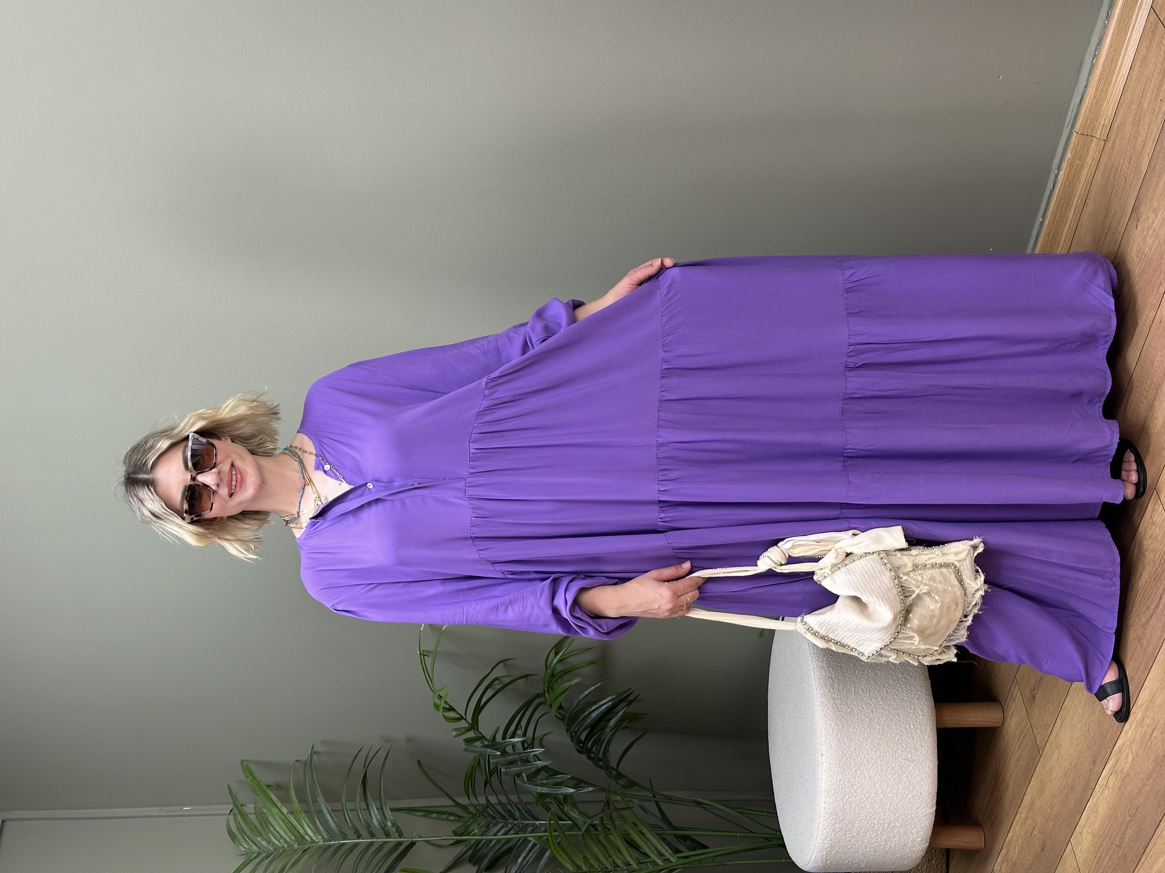 HAKİM YAKA DÜĞMELİ İTALYAN VİSKON  ELBİSE MOR