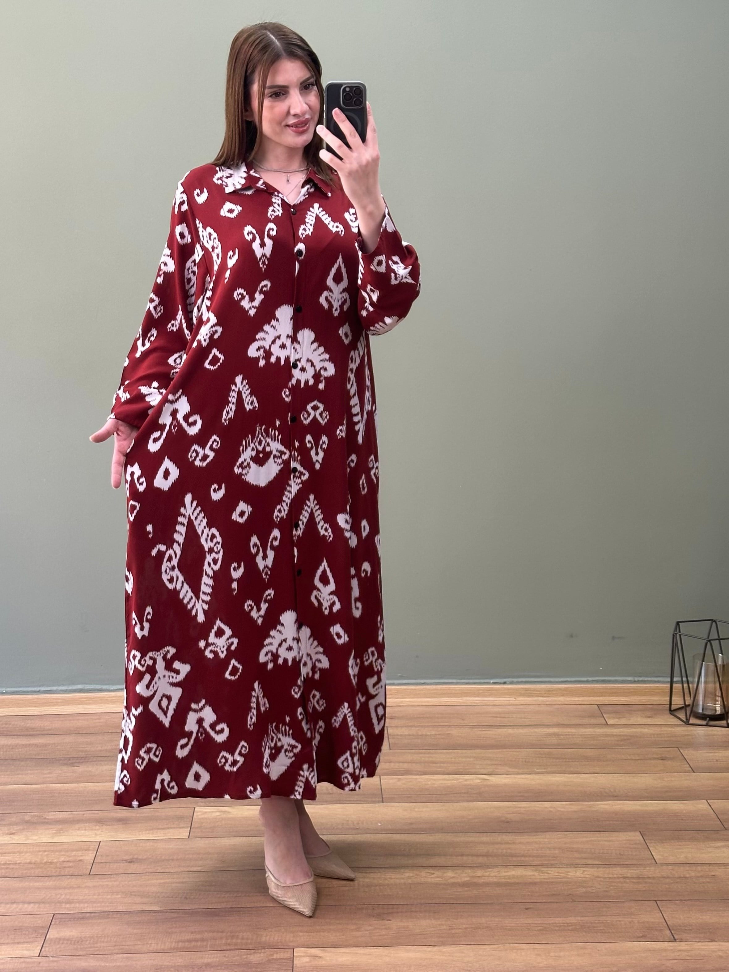 İTALYAN VİSKON BOYDAN DÜĞMELİ ELBİSE BORDO ETNİK TEMA