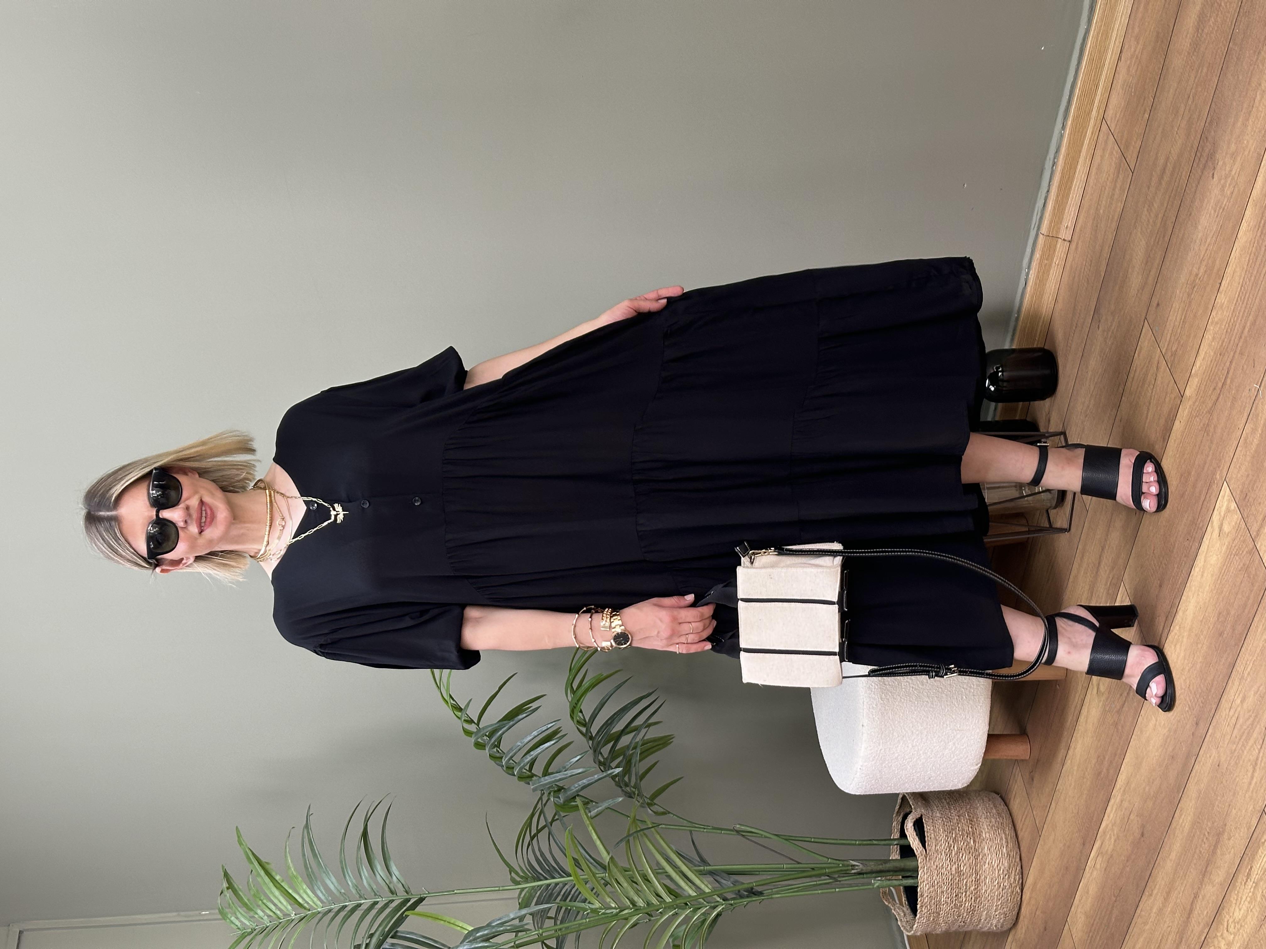 İTALYAN VİSKON YAKA DÜĞMELİ VOLANLI ELBİSE SİYAH