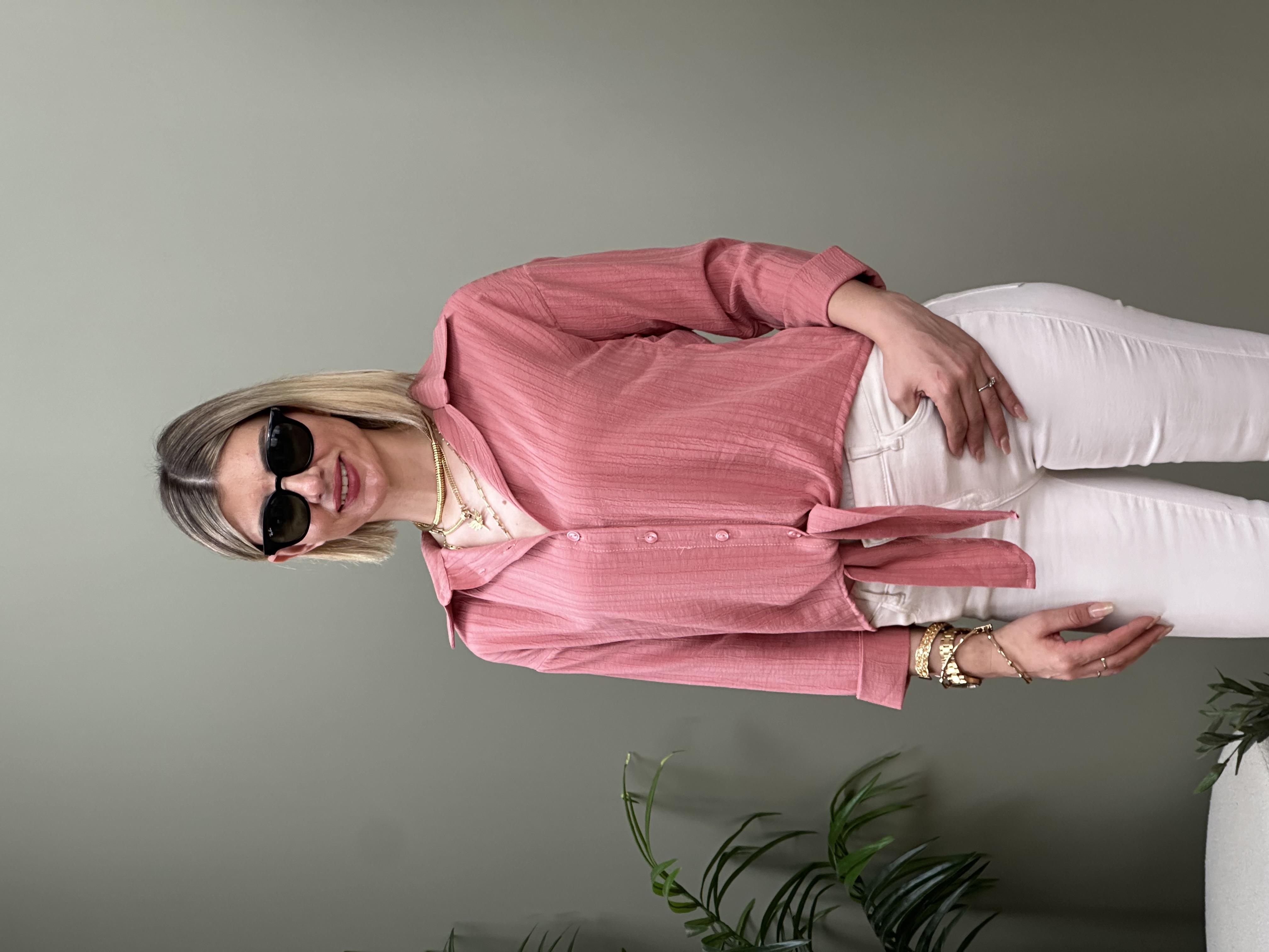 KENDİNDEN DESENLİ BAĞLAMALI UZUN KOL GÖMLEK GÜL KURUSU