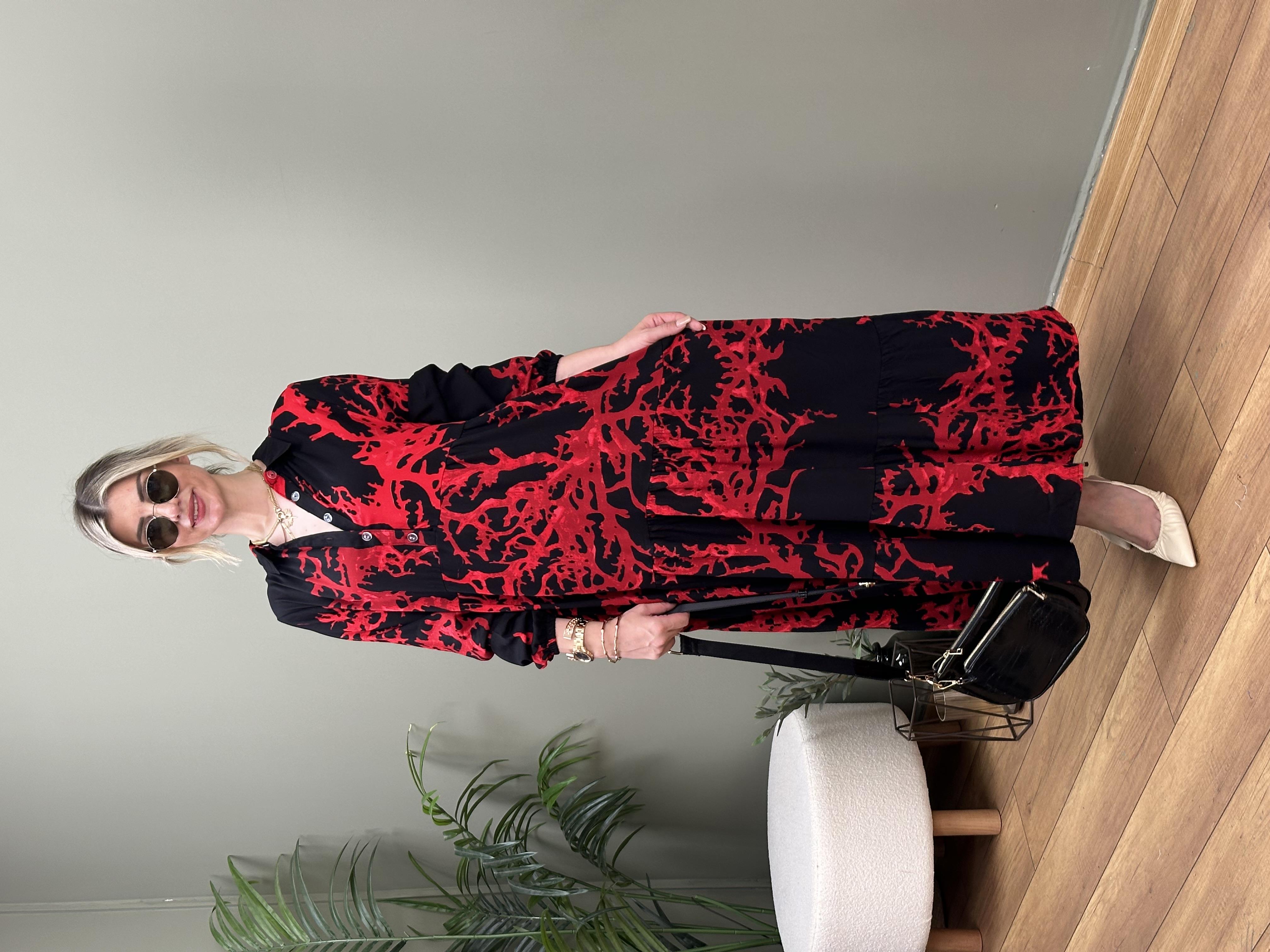 KIRMIZI DAL DESEN GÖMLEK YAKA ELBİSE 