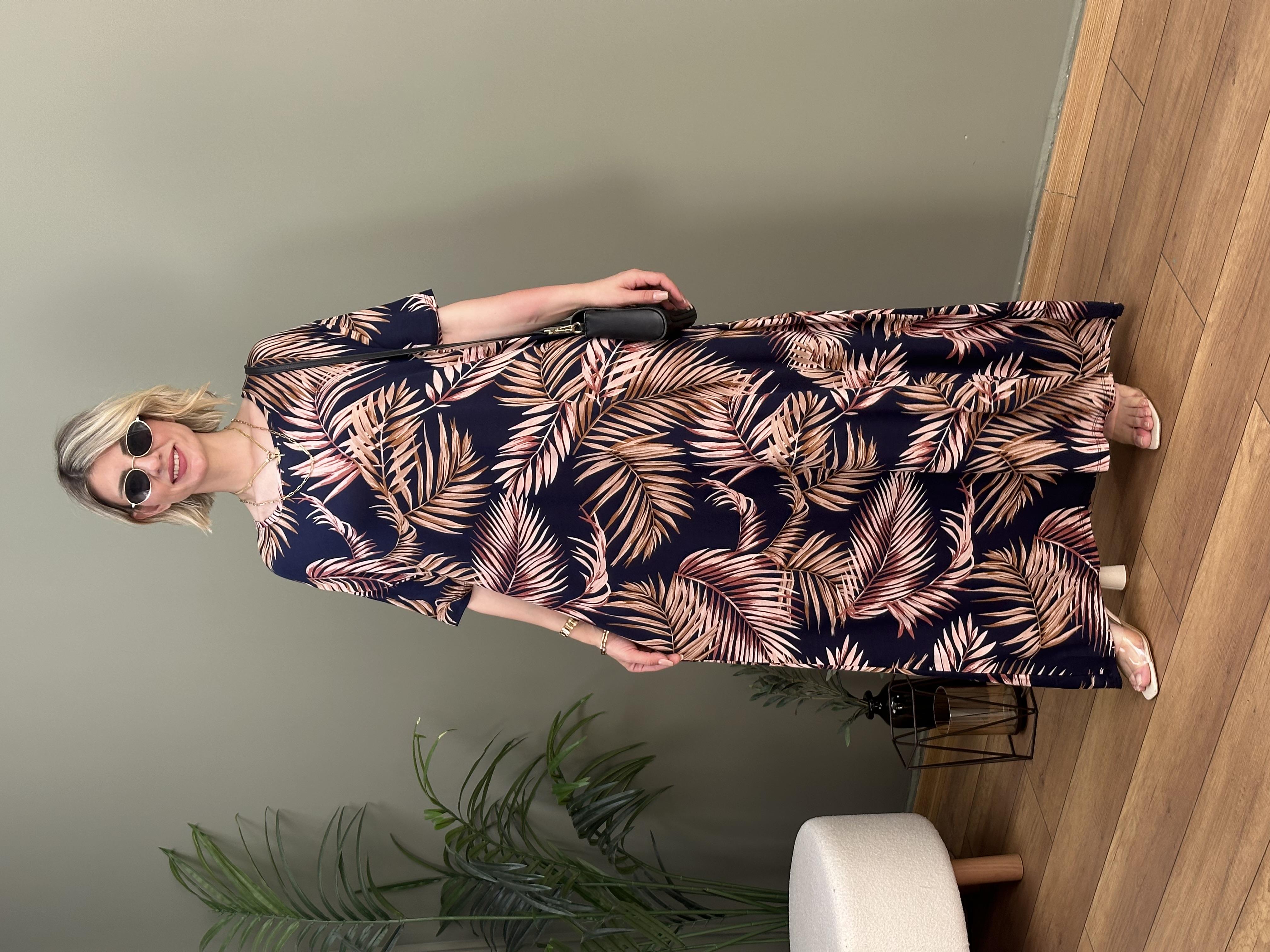 LACİVERT YAPRAK DESEN PAMUKLU ELBİSE 