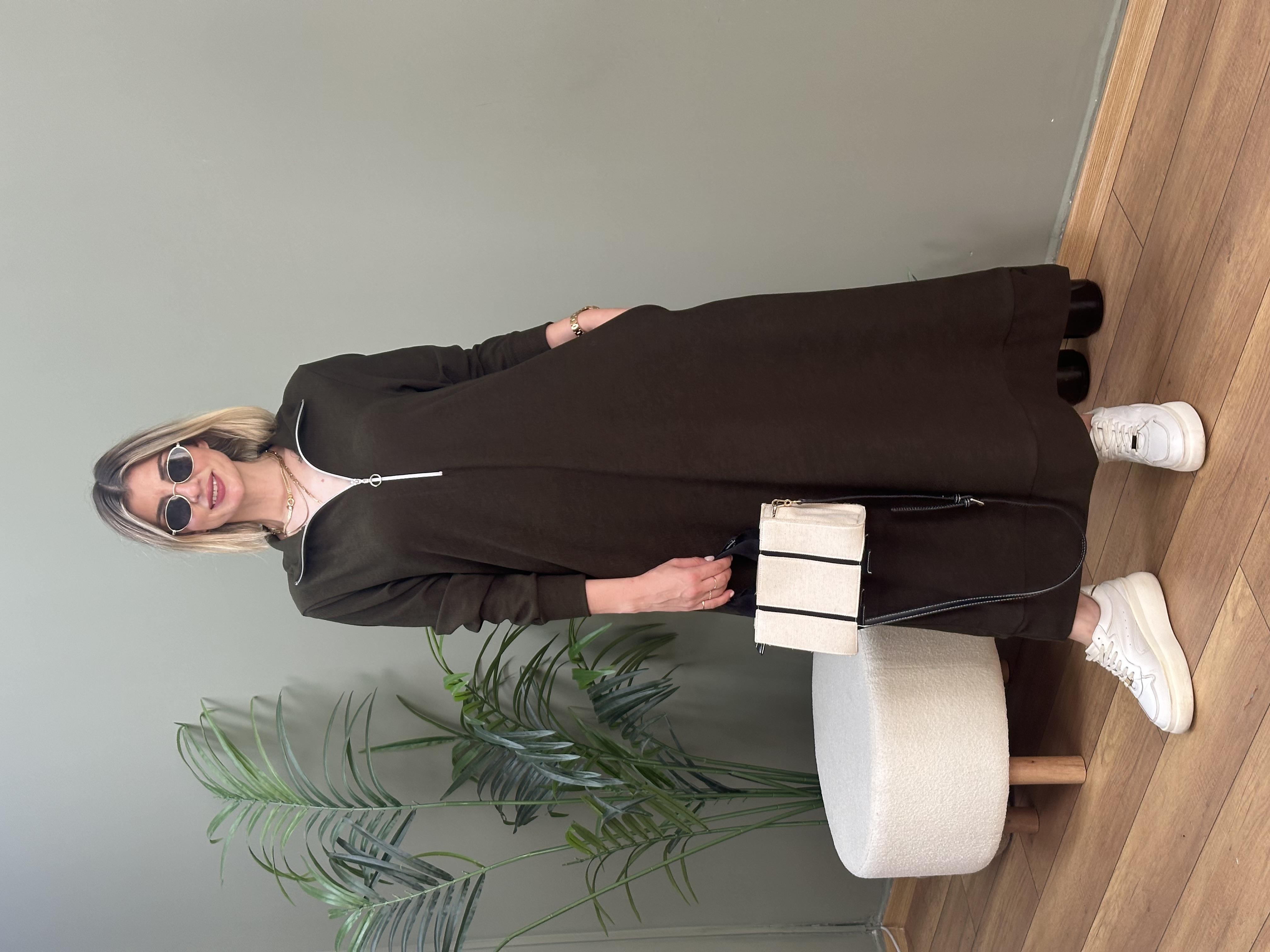 MAKSI BOY YAKA FERMUARLI FİTİLLİ ELBİSE HAKİ 