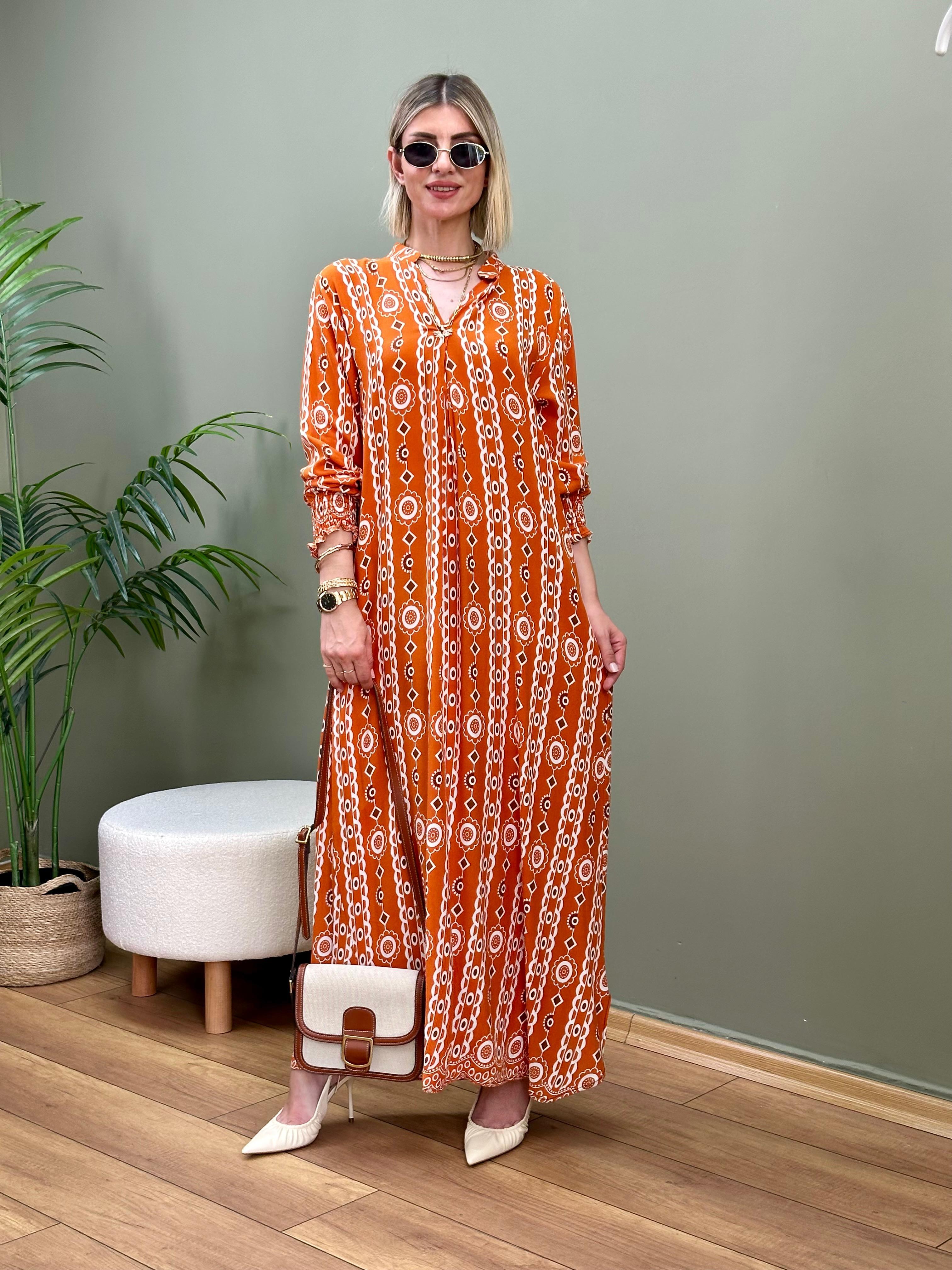 ÖN PİLELİ ETNİK DESEN ELBİSE TARÇIN