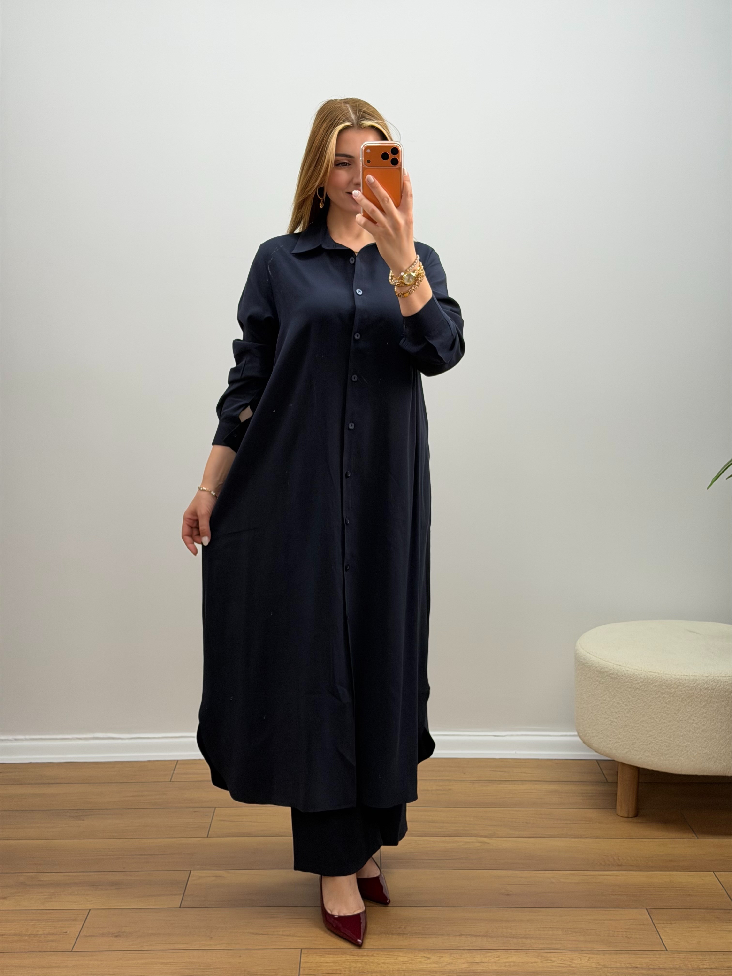 Oversize Düğmeli Uzun Tunik Pantolon Takım Lacivert