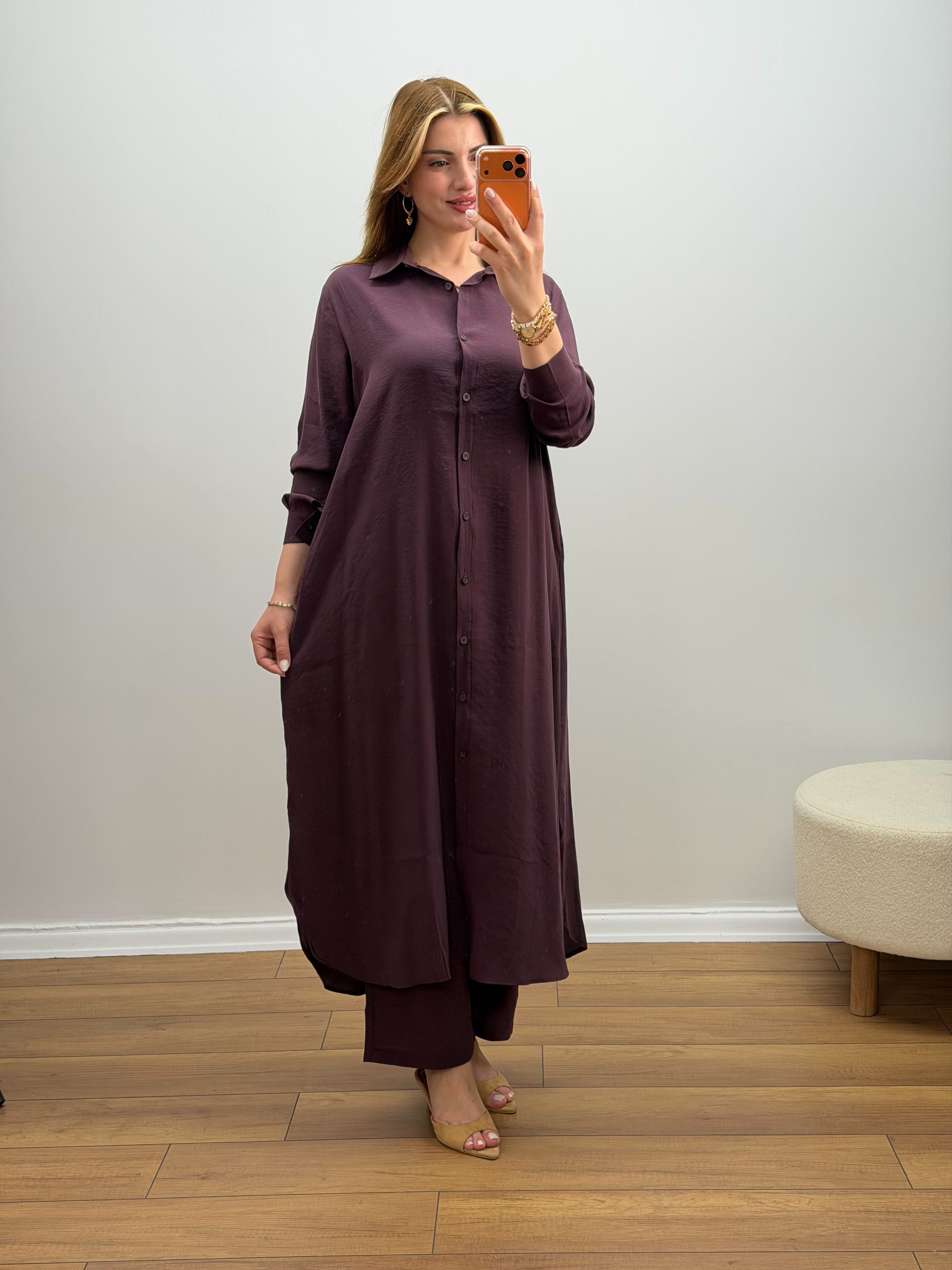 Oversize Düğmeli Uzun Tunik Pantolon Takım Mürdüm