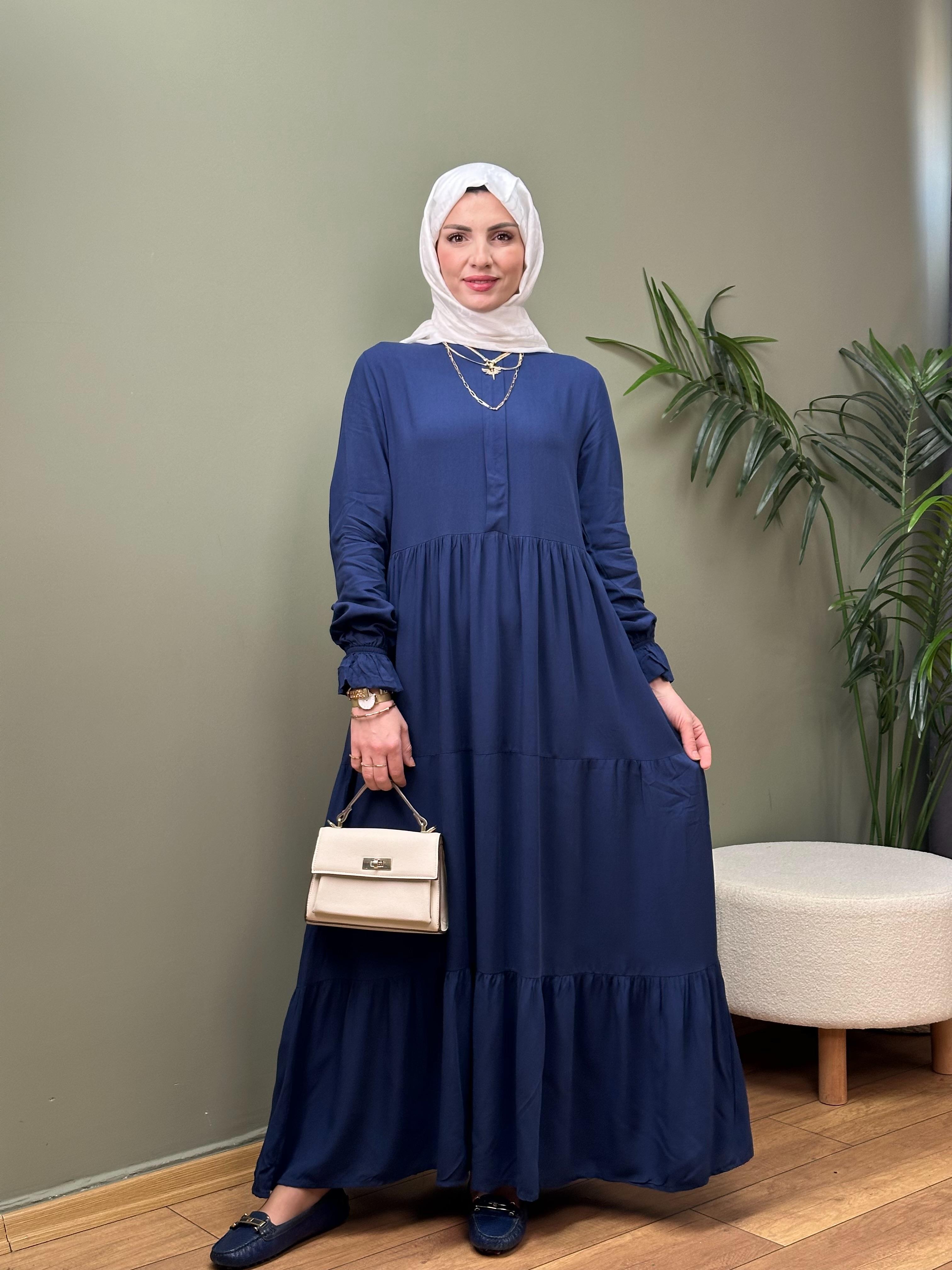 PAMUK VISKON LACİVERT ELBİSE 