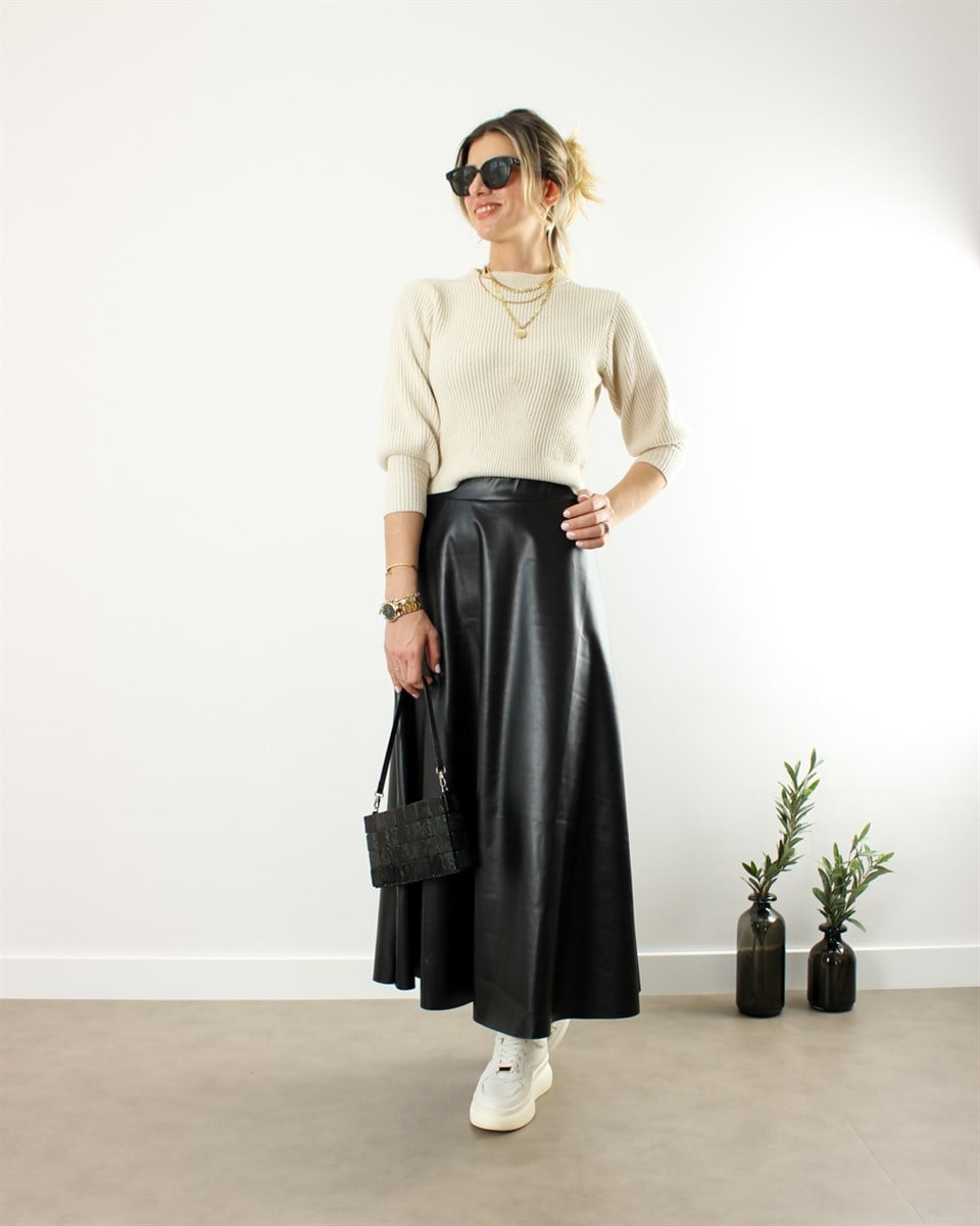 SİYAH RENK DERİ ETEK 