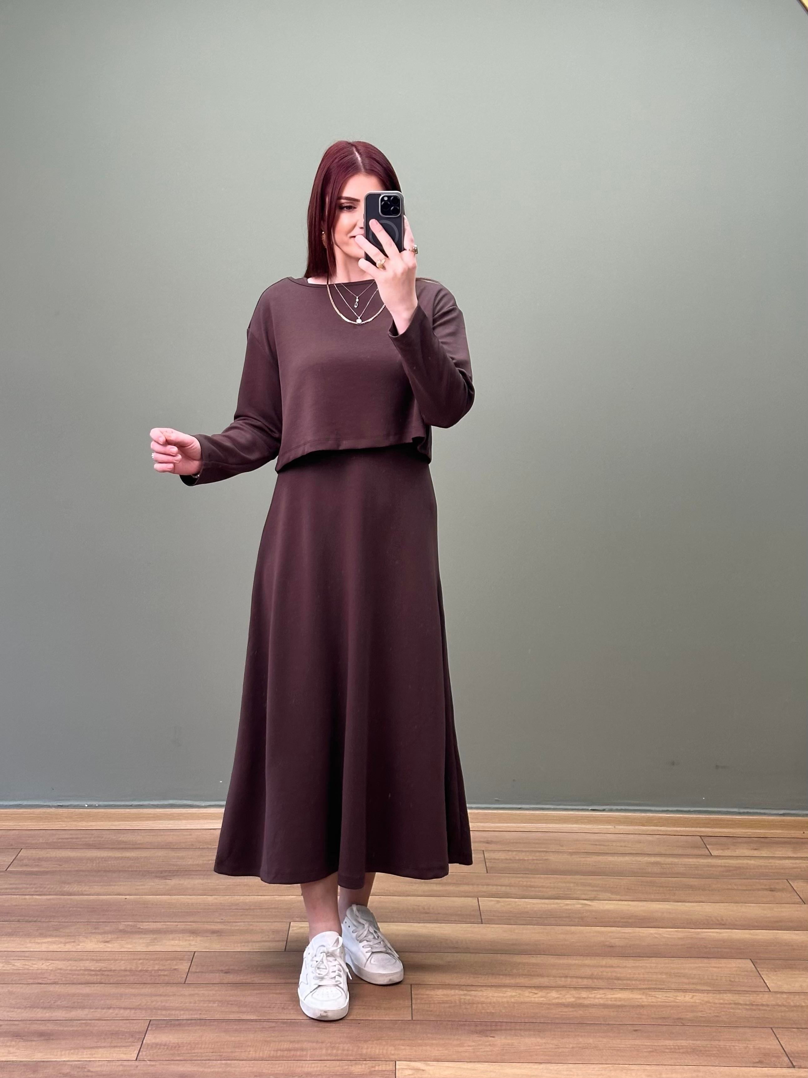 TASARIM MODAL KUMAŞ İKİLİ ELBİSE ACI KAHVE