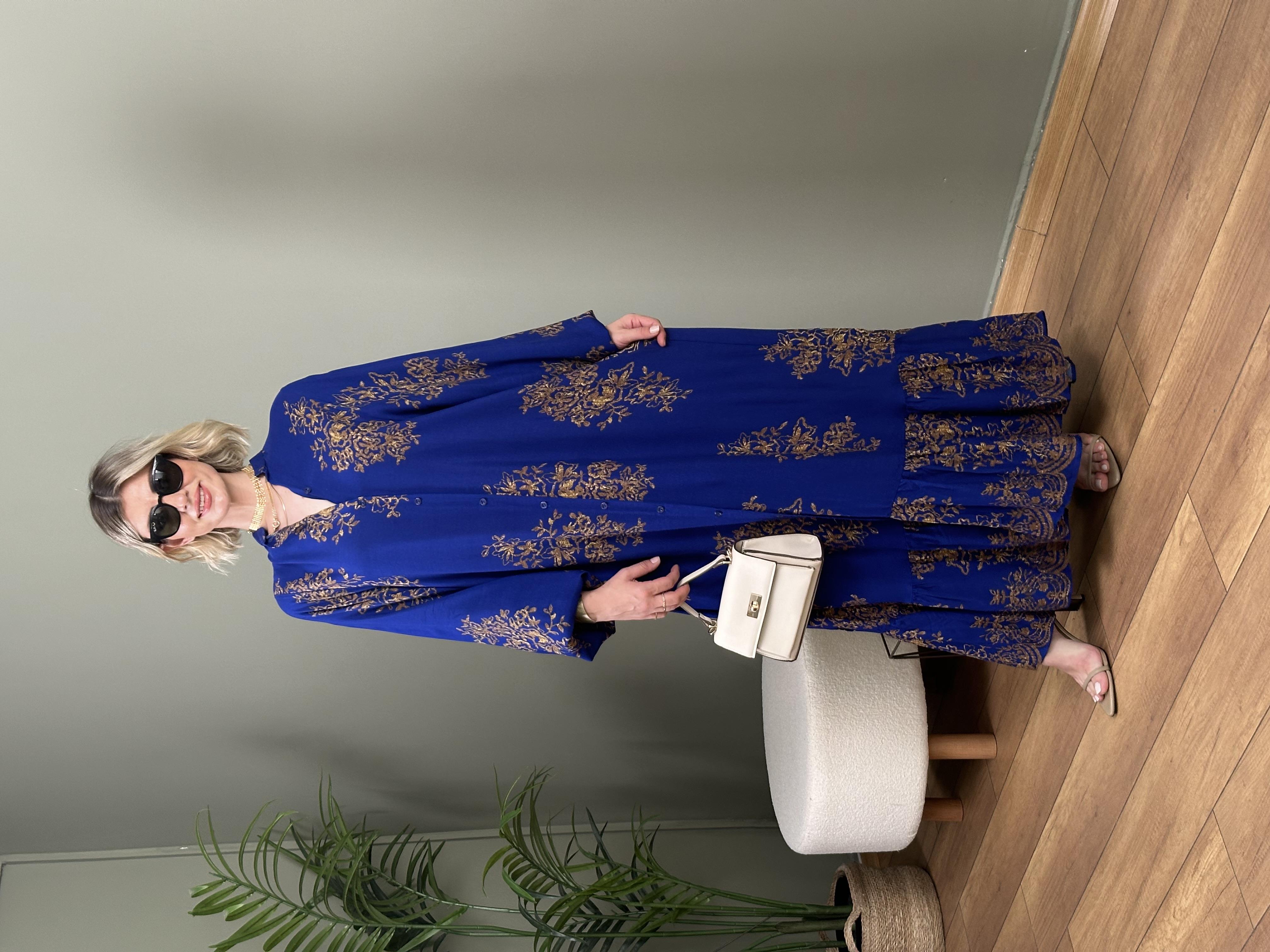 VARAK DESEN ELBİSE SAKS MAVİ