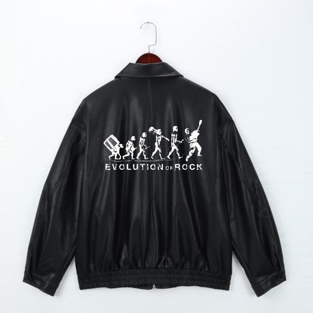  Evolution Of Rock Baskılı Streetwear Siyah Oversize Unisex Astarlı Deri Ceket