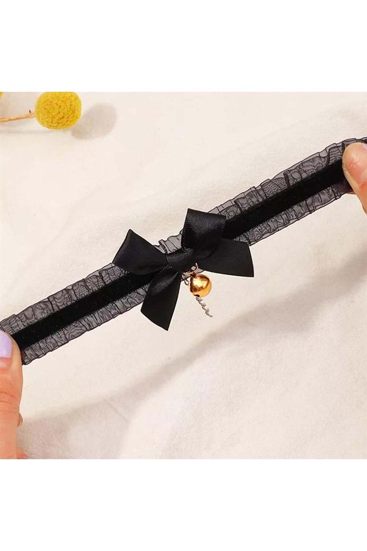  Gothic Siyah Şeritli Zilli Choker Tasma Kolye