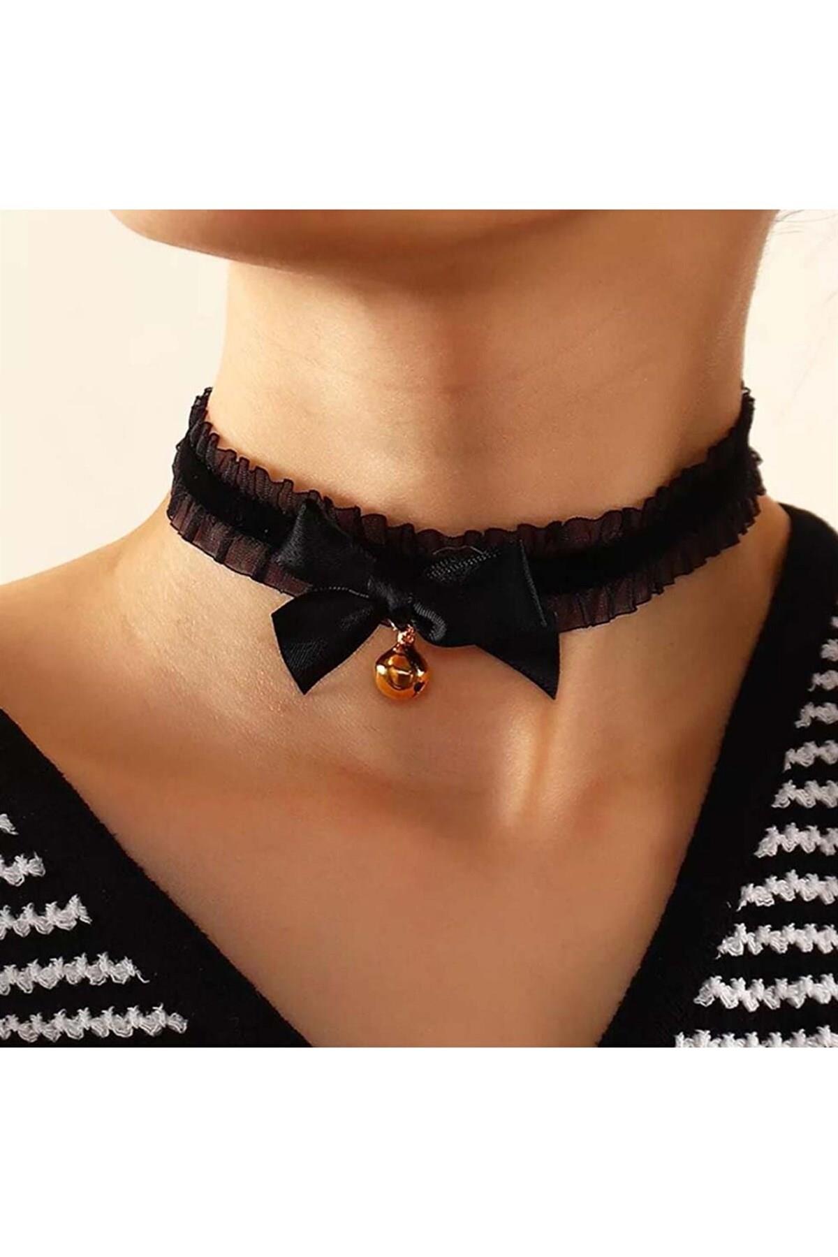  Gothic Siyah Şeritli Zilli Choker Tasma Kolye
