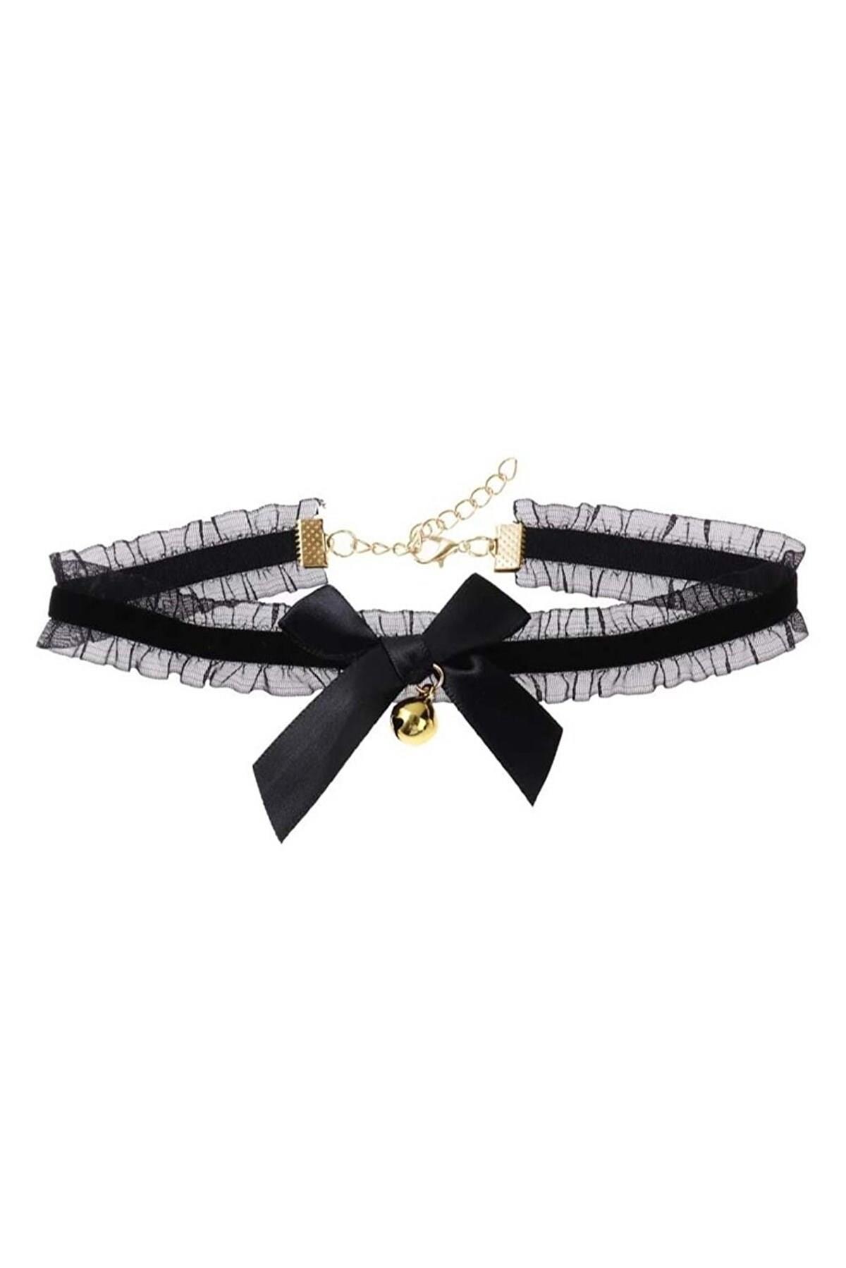  Gothic Siyah Şeritli Zilli Choker Tasma Kolye