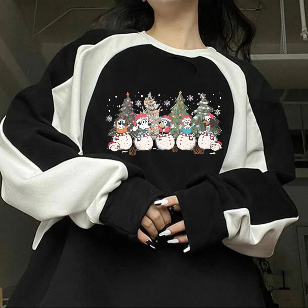  Streetwear New Year Cute Dog Baskılı Siyah Unisex Oversize Bisiklet Yaka Sweatshirt