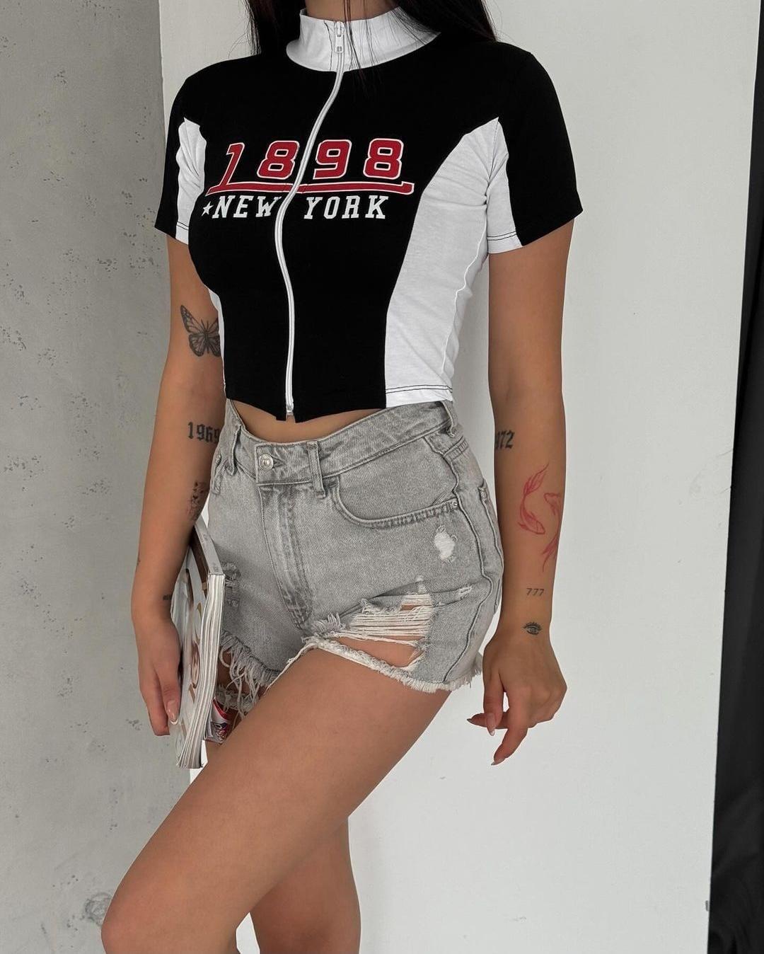 1898 Newyork Baskılı Fermuarlı Crop Bluz