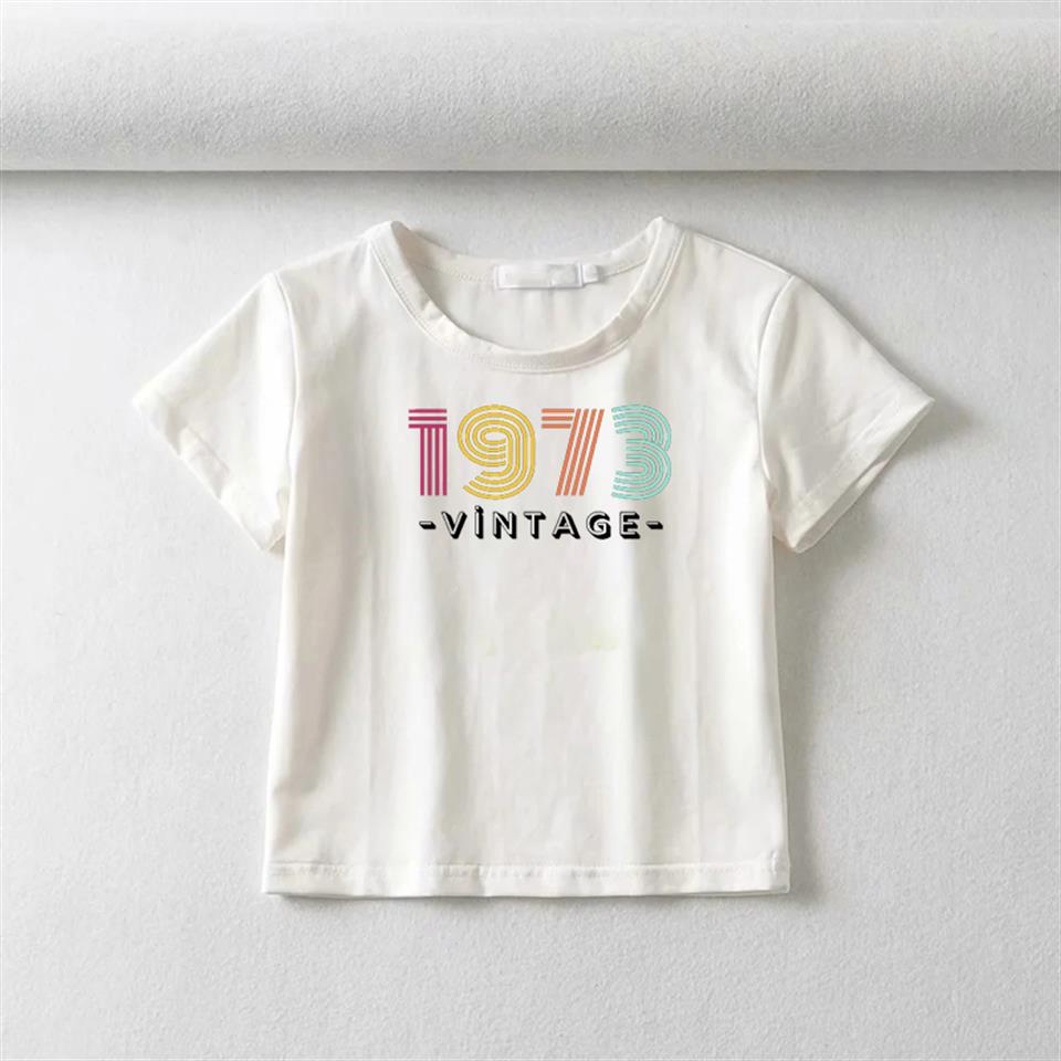 1973 Vintage Baskılı Beyaz Crop