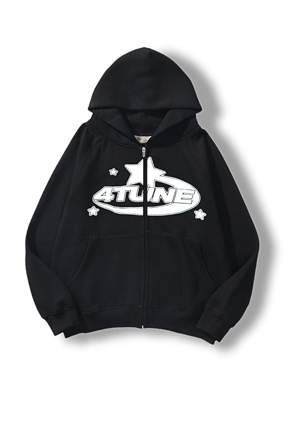 4 Tune Baskılı Baskılı Oversize Fermuarlı Siyah Unisex Kapüşonlu Hırka