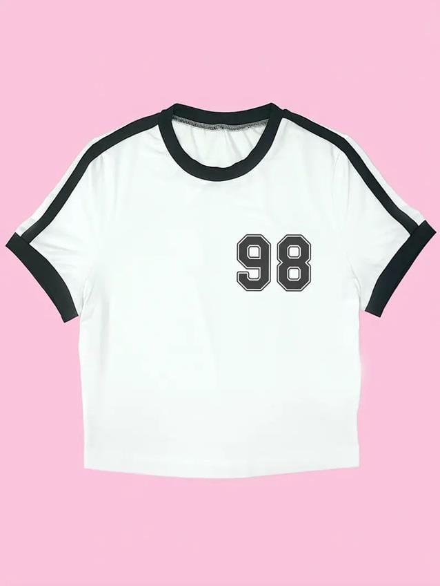98 Number Baskılı Şeritli Bluz Body Crop