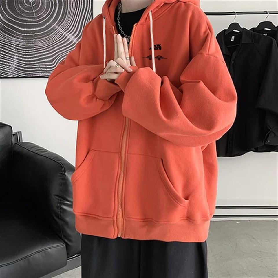 Arctic Monkeys Baskılı Oversize Fermuarlı Turuncu Unisex Kapüşonlu Hırka